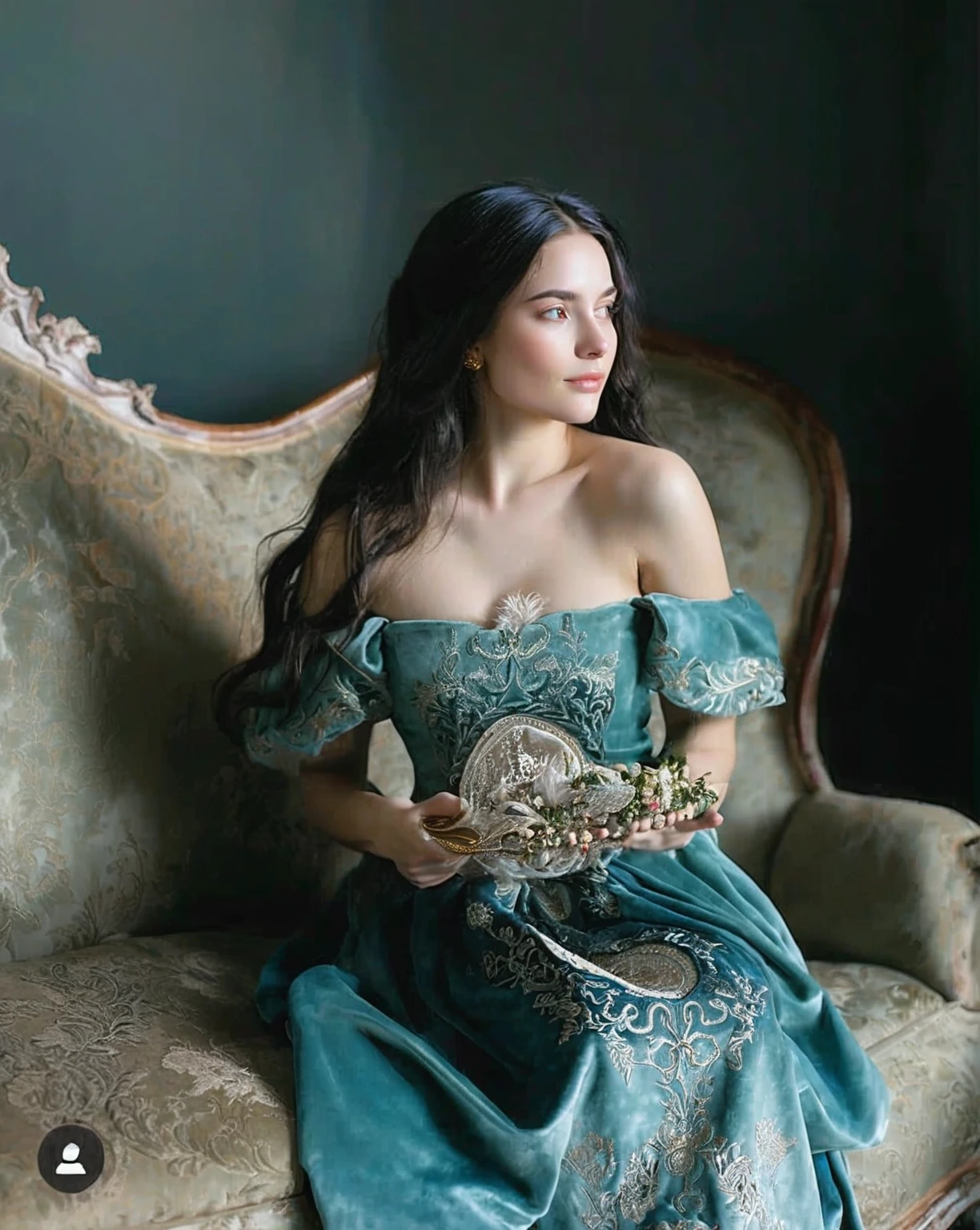 in a softly lit, richly textured interior reminiscent of the Middle Ages. Relaxing at ease on the couch. a young woman, a noble lady, in a flowing dress of luxurious azure velvet, decorated with embroidery. a gold wedding ring, black long hair topped with an elegant headdress, a diffused glow of natural light, a slight sly smile when looking at someone