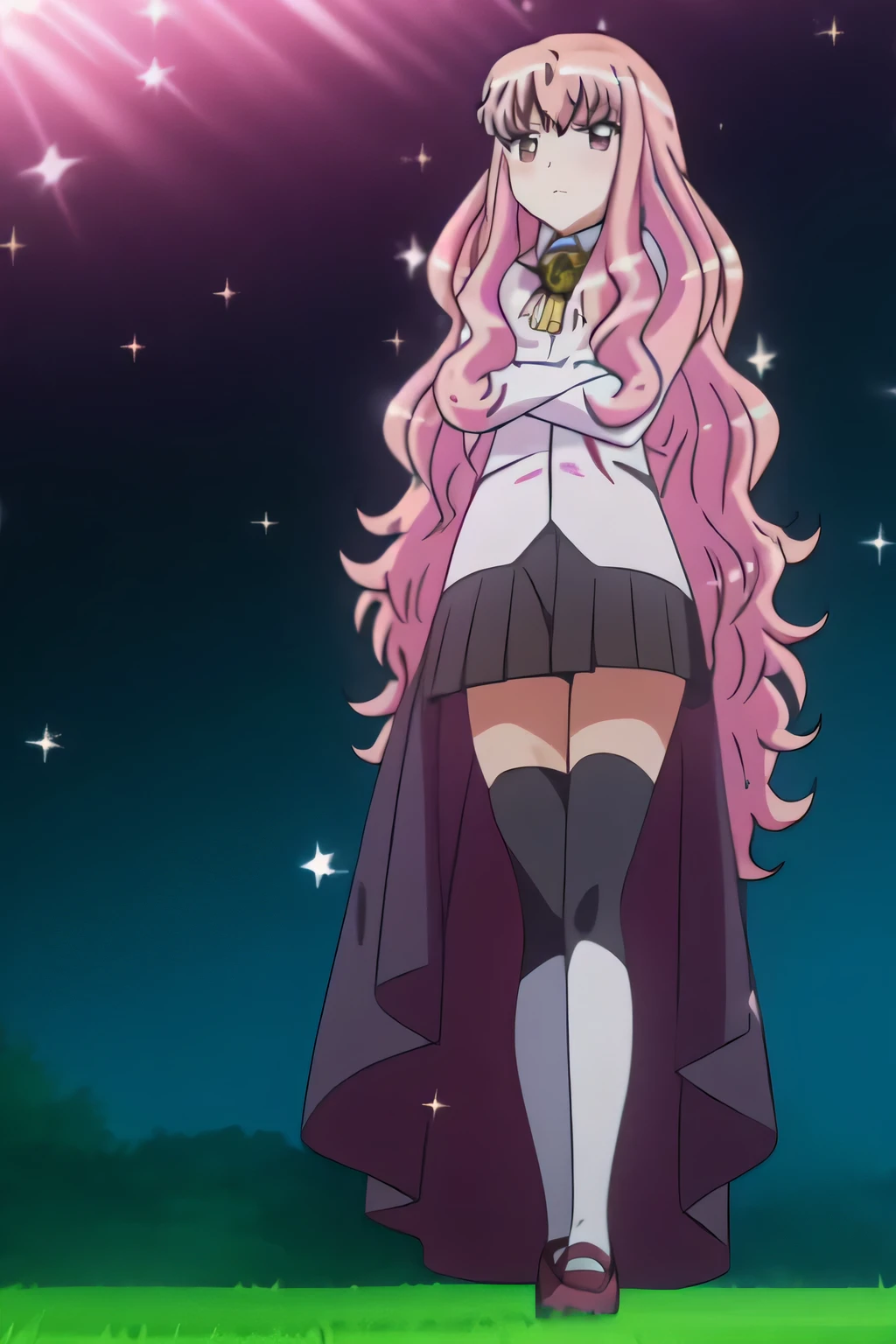 Masterpiece, best quality, extremely detailed wallpaper CG unity 8k, 1girl, Louise Francoise le Blanc de la Vallière, pouting, school, vista cercana, portrait, crossed arms, pouting face, black stockings, black skirt, cape, glitter, highlights, long hair, looking at viewer, arms crossed, Louise Françoise Le Blanc de La Vallière, pouting mouth, pink hair, pink eyes, pleated skirt, , shoes, skirt, solo, sequins, standing, knee socks, very long hair, wavy hair , sulking