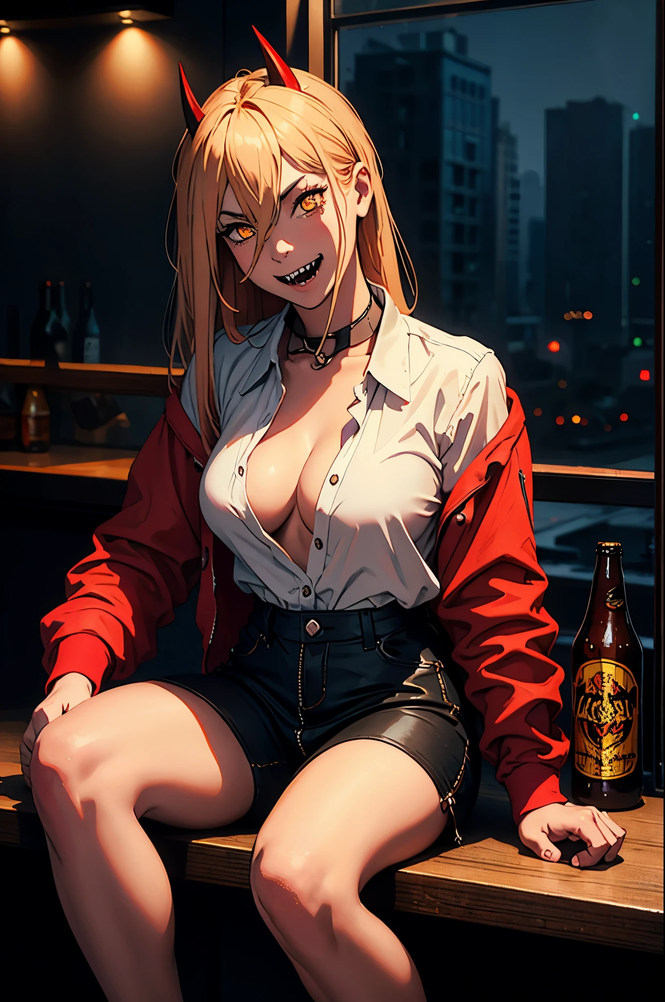 power from chainsawman, yellow vivid eyes, with her iconic two red horns on top her head, fangs, sharp teeth, wearing loose white long sleeve, cleavage, open shirt, black dark business pants, sitting, party setting, holding beer, beer bottles littered, beer bottles on tables, bar setting, indoors, smiling, excited, windows, nighttime, full moon