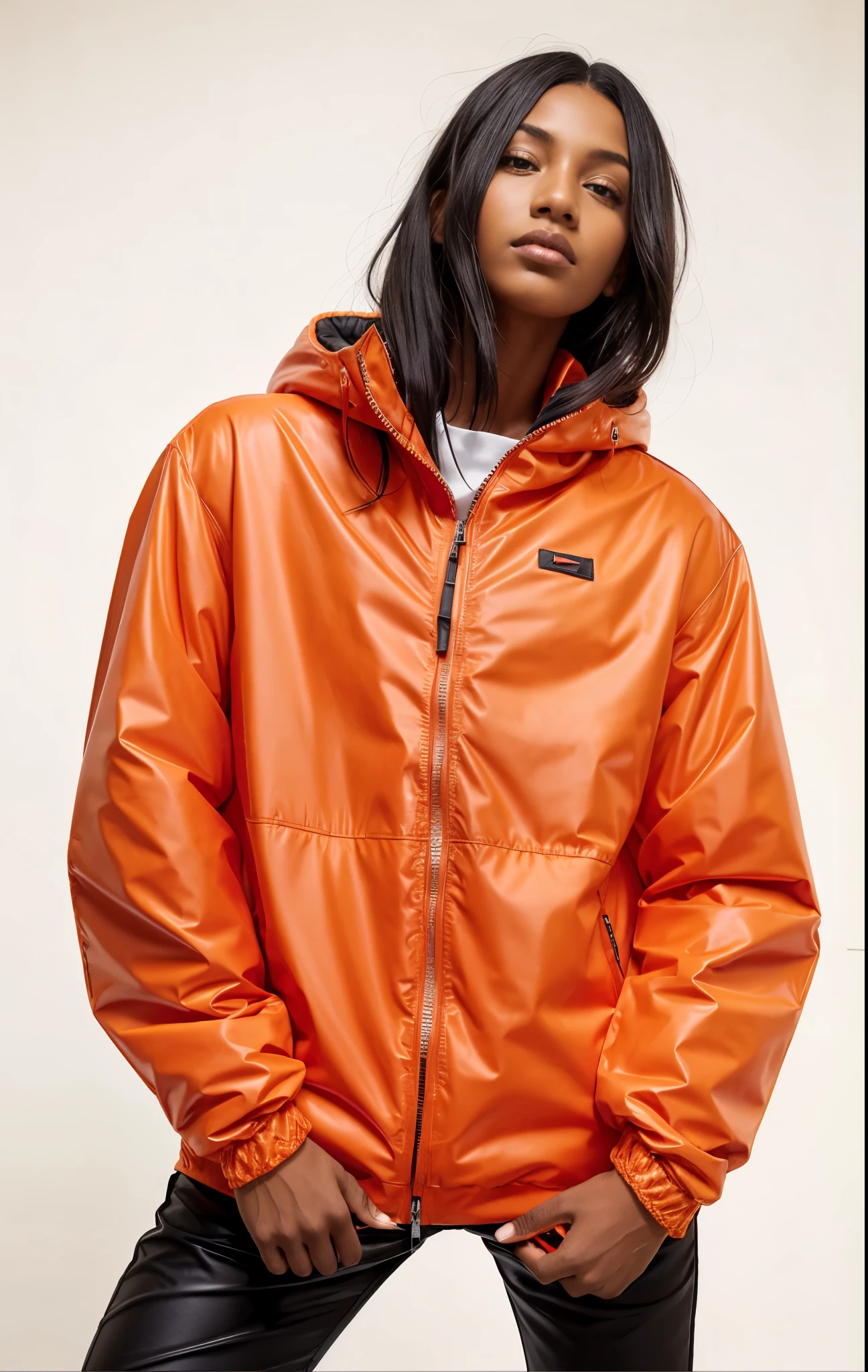 a woman wearing an orange jaqueta and black pants, orange jaqueta, Poncho, moletom laranja, red jaqueta, encapuzado, moletom longo laranja, roupas esportivas, neon orange, future inflatable jaqueta, Hodie Mihi Cras Tibi, superdimensionado, jaqueta, casaco para uma rave, cool red jaqueta, roupas esportivas, vestindo um pescador 🧥