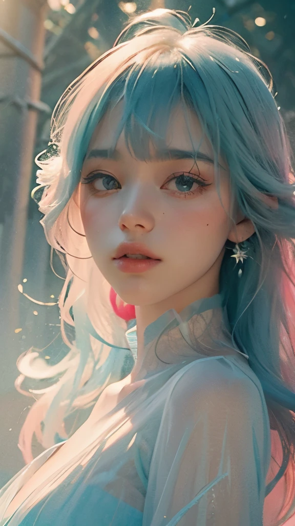 (Fluorescent color:1.4),(translucent:1.4),(retro filter:1.4), (fantasy:1.4), Candy World Disneyland Fantastic Soft Fluffy Soft Landscape Forest Snow Avatar Pastel Pink Sky Green Blue Sparkle Fantastic Light Pastel Whimsical Light Rainbow Star Diamond Sparkle Gem Background Surreal Super High Quality Cinematic Lighting Huge Details Full HD Painting Well Illuminated,diagonal bangs,
collared dress,side masterpiece, highest quality,real skin,(portrait:1.5), 1 girl, dull bangs, long hair
