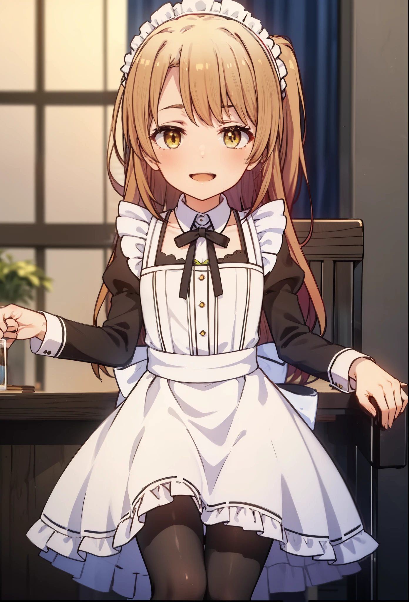 irohaisshiki, iroha isshiki, long hair, brown hair, (brown eyes:1.5), Smile, smile, open your mouth,short braided hair,ponytail,blush,smile,Maid clothes,Medium chest,she was wearing a long skirt, black pantyhose, sitting cross-legged on a chair,So that the whole body goes into the illustration,
break indoors, coffee shop,
break looking at viewer,
break (masterpiece:1.2), highest quality, High resolution, unity 8k wallpaper, (shape:0.8), (fine and beautiful eyes:1.6), highly detailed face, perfect lighting, Very detailed CG, (perfect hands, perfect anatomy),