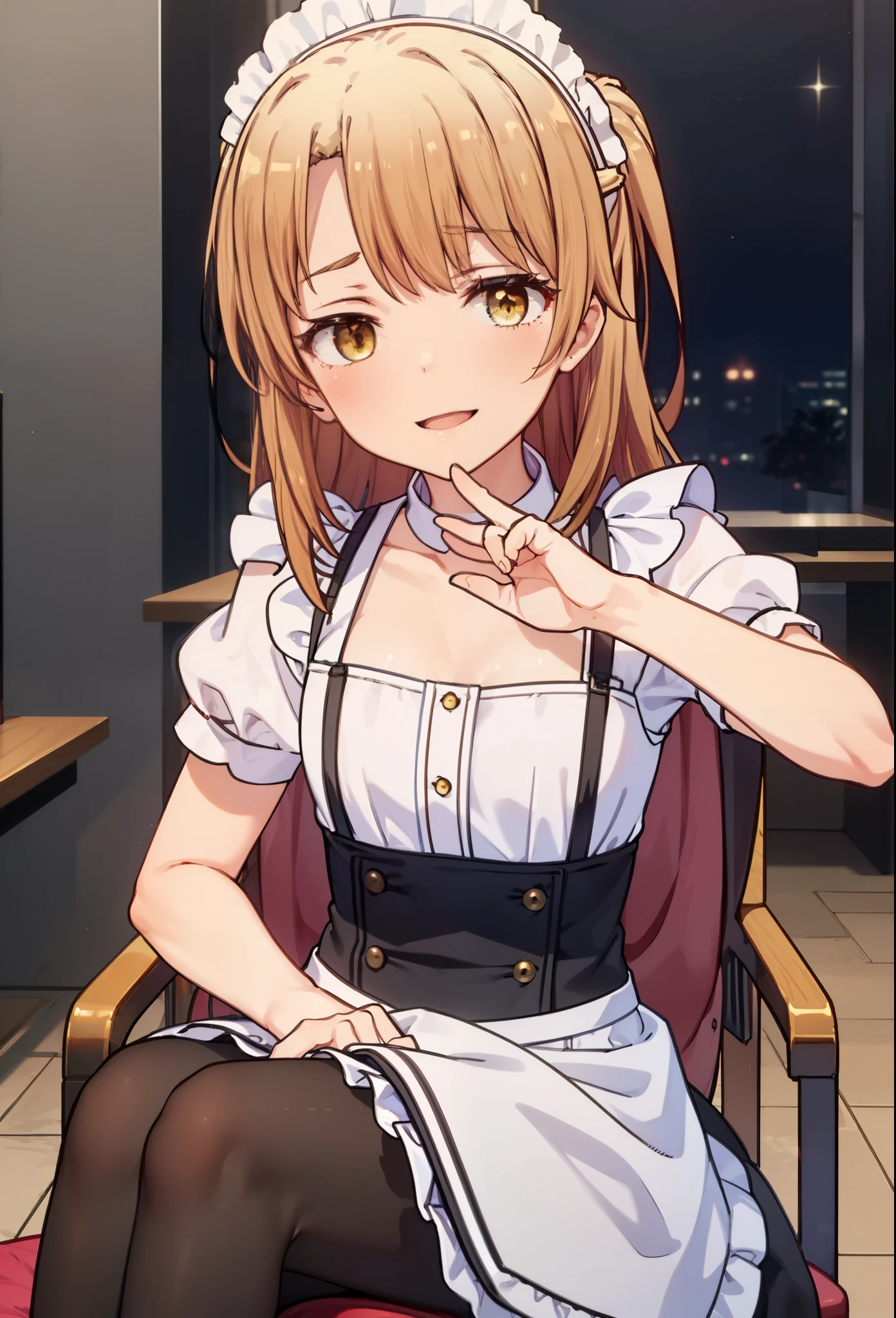 irohaisshiki, iroha isshiki, long hair, brown hair, (brown eyes:1.5), Smile, smile, open your mouth,short braided hair,ponytail,blush,smile,Maid clothes,Medium chest,she was wearing a long skirt, black pantyhose, sitting cross-legged on a chair,So that the whole body goes into the illustration,
break indoors, coffee shop,
break looking at viewer,
break (masterpiece:1.2), highest quality, High resolution, unity 8k wallpaper, (shape:0.8), (fine and beautiful eyes:1.6), highly detailed face, perfect lighting, Very detailed CG, (perfect hands, perfect anatomy),