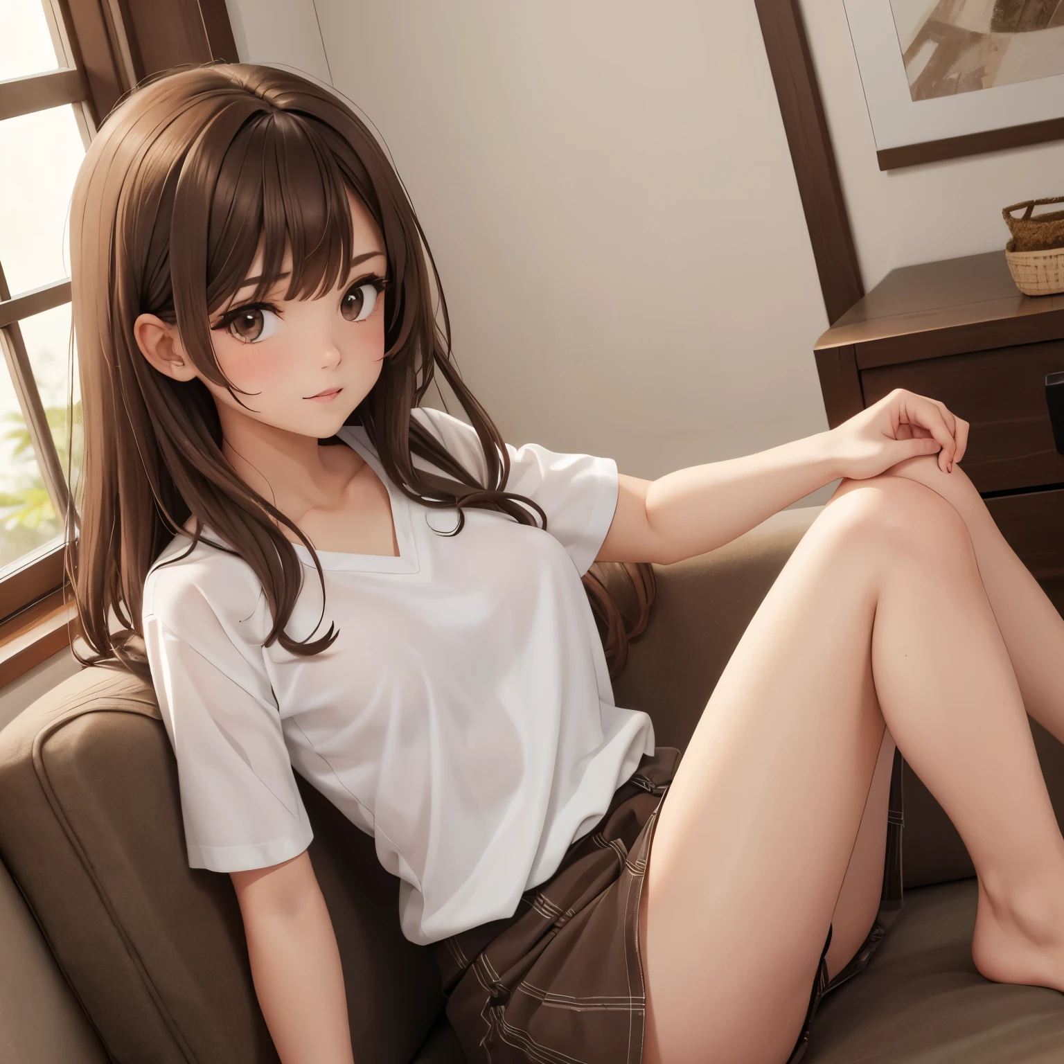 Brown hair, blusa ajustada, ropa interior, cintura delgada, piernas grandes, Brown eyes, small breasts