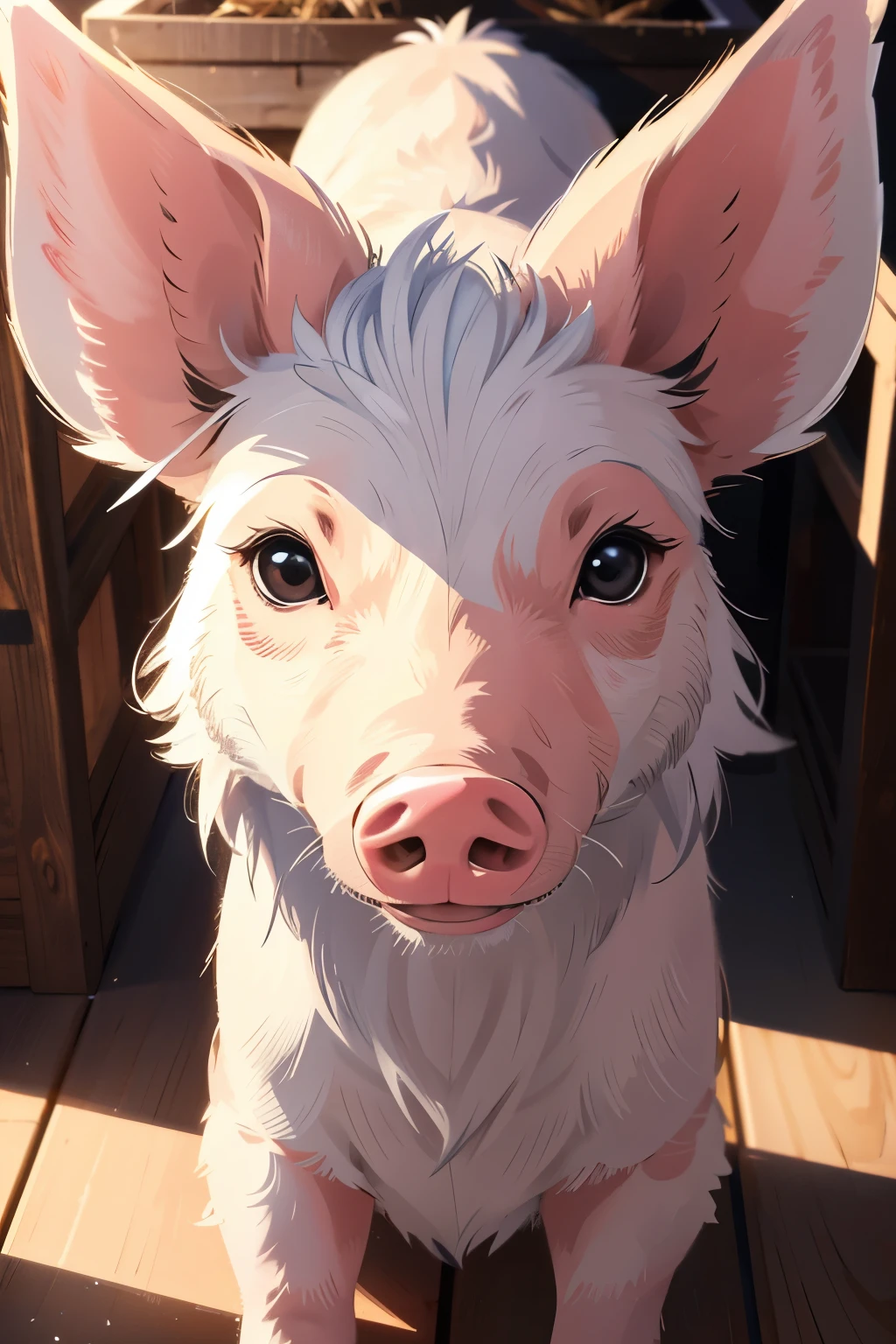 A perfectly detailed 8K CG Unity image of a pig, showcasing ultra-realistic textures and stunningly accurate facial features. The pig's snout is sharply defined, its nostrils flared open in a gentle breath. Its eyes are bright and expressive, with perfectly rendered lashes and a slight droop at the outer corners. The pig's body is covered in intricately replicated individual hairs, each one visible in stunning clarity. Its ears lay flat against its head, with a slight quiver indicating its alertness. A subtle sheen of sweat glistens on its skin as it stands in the dimly lit barn, surrounded by hay bales and farmtools. Its