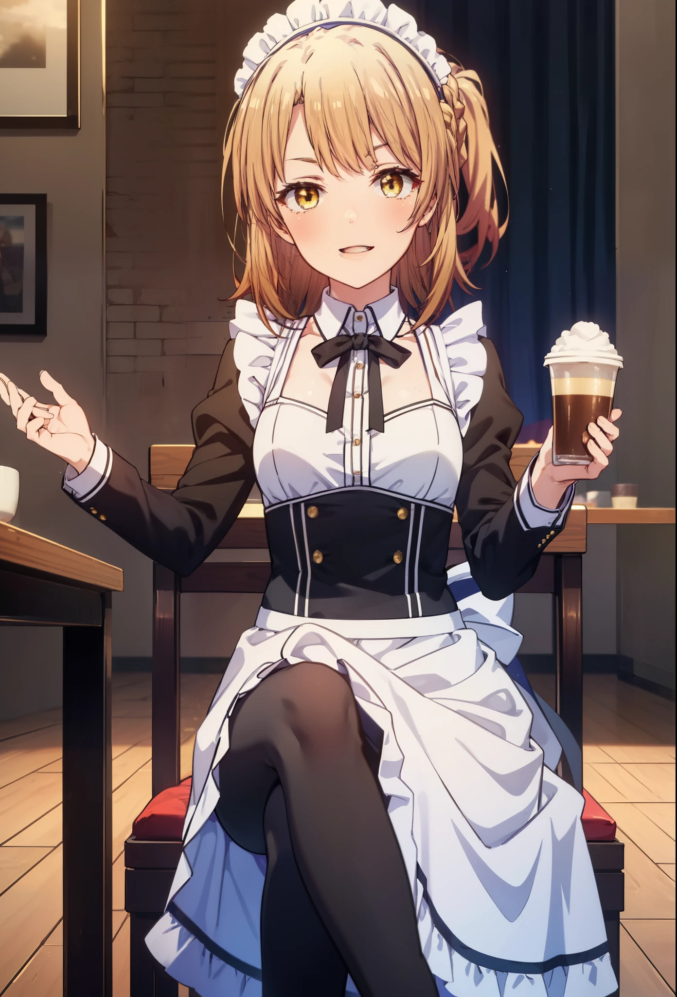 irohaisshiki, iroha isshiki, long hair, brown hair, (brown eyes:1.5), Smile, smile, open your mouth,short braided hair,ponytail,blush,smile,Maid clothes,Medium chest,she was wearing a long skirt, black pantyhose, sitting cross-legged on a chair,So that the whole body goes into the illustration,
break indoors, coffee shop,
break looking at viewer,
break (masterpiece:1.2), highest quality, High resolution, unity 8k wallpaper, (shape:0.8), (fine and beautiful eyes:1.6), highly detailed face, perfect lighting, Very detailed CG, (perfect hands, perfect anatomy),