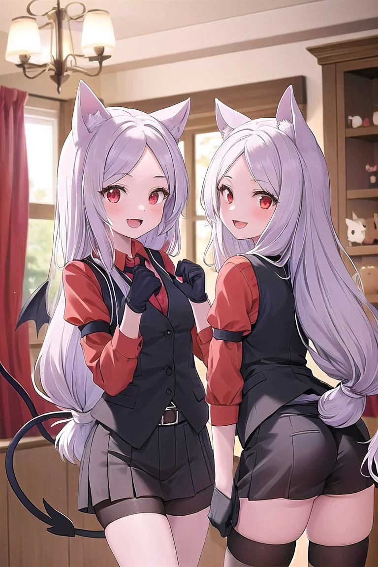 masterpiece,best quality,Cerberus,multiple girls,long hair,Animal ears,3 girls,dog ears,devil girl,triplets,dog girl,Tail,direction,demon Tail,shirt,red shirt,Vest,vest,tie,black Vest,arm garters,Gloves,black Gloves,Smile,open mouth,indoors,