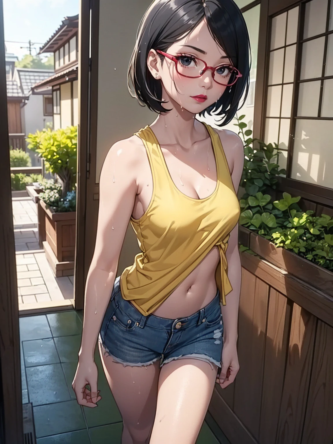 (1girl, solo, alone), (WakatsukiRisa, Sarada Uchiha, black hair, short hair, black eyes, red glasses), ((solo, (1woman, pink lipstick, (small breasts), black eyes), Extremely detailed, ambient soft lighting, 4k, perfect eyes, a perfect face, perfect lighting, a 1girl)), austere, (((yellow tank top, (revealing wet tank top, hanging out of braless top, beautiful high detailed dreamgarden, nsfw 8K), women's tank top, wet yellow tank) top, transparent, transparency, mini shorts, jean shorts, navel out, abdomen showing, wet body, wooden house, classic Japanese house, old Japanese house , balcony, garden, flowers, walking in the hallway))