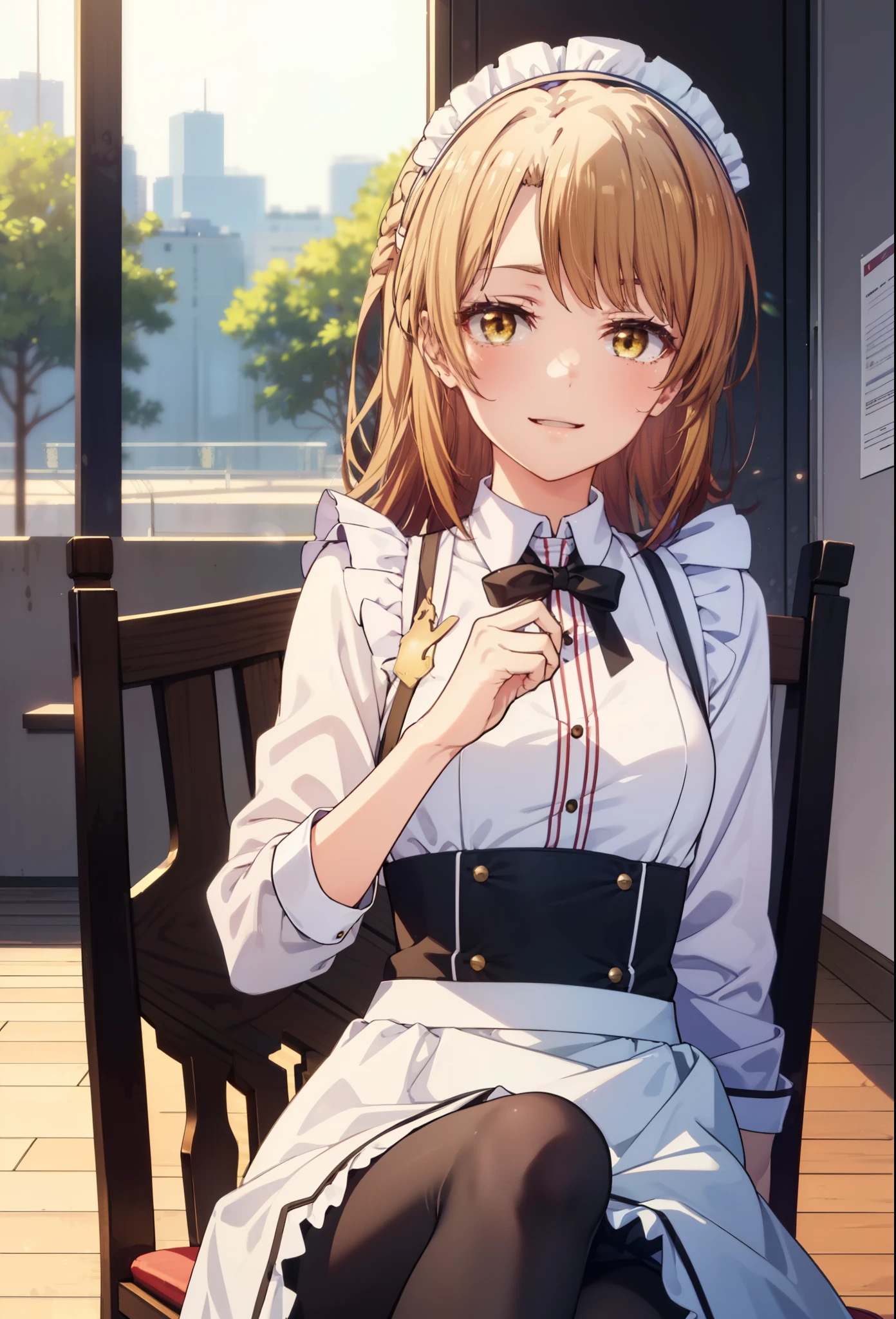 irohaisshiki, iroha isshiki, long hair, brown hair, (brown eyes:1.5), Smile, smile, open your mouth,short braided hair,ponytail,blush,smile,Maid clothes,Medium chest,she was wearing a long skirt, black pantyhose, sitting cross-legged on a chair,So that the whole body goes into the illustration,
break indoors, coffee shop,
break looking at viewer,
break (masterpiece:1.2), highest quality, High resolution, unity 8k wallpaper, (shape:0.8), (fine and beautiful eyes:1.6), highly detailed face, perfect lighting, Very detailed CG, (perfect hands, perfect anatomy),