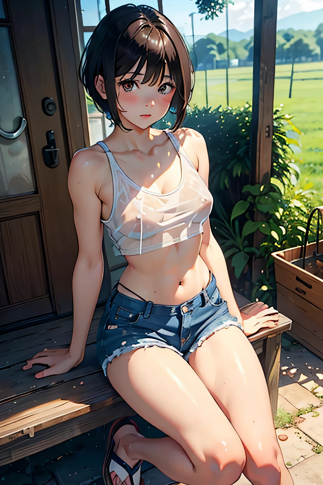 15 year old beautiful girl、、well-groomed face、beautiful、cute、brown hair(See-through mash short hair、straight hair)、brown eyes(hanging eyes、big)、small breasts(puffy nipple)、Pelvic widening、big ass、Tank top、Micro Denim Shortan muscle、sandals、Sunburn mark、countryside、high resolution、
