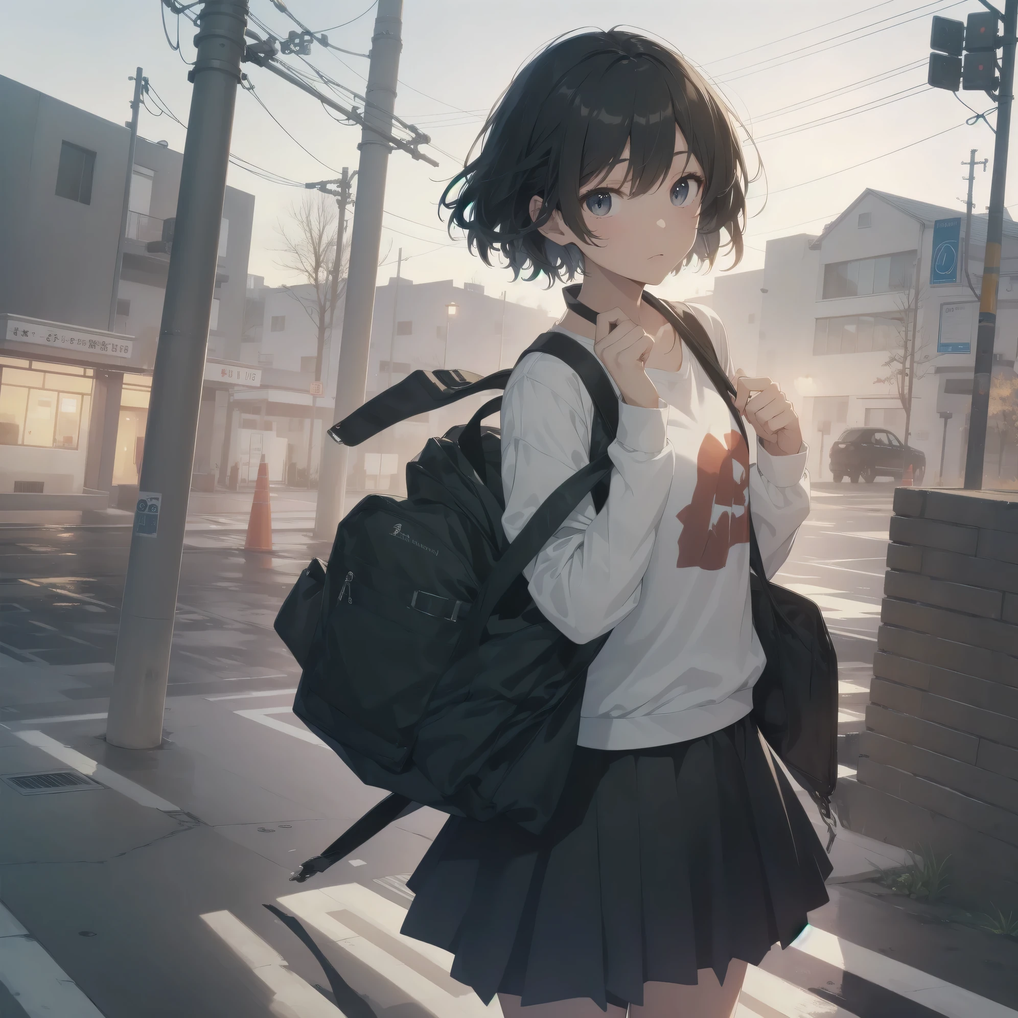 ultra-absurdres-Top quality by art God, ultra-detailed, high resolution, anime moe artstyle, best anime 8k konachan wallpaper, pixiv contest winner, perfect anatomy,break, (Please draw a girl walking sleepily to school alone. )break,1girl, (Solo,little female, 13-year-old:1.3),Full limbs, complete fingers,a junior high school student, Attractiveness of immature bodies, (very short hair), short cut, flat chest, , small butt, groin, small black eyes, beautiful detailed eyes, well-proportioned iris and pupils, expressive eyes, highres detailed hair, yawn, school_uniform, pleated skirt,(Detailed Lighting), (Detailed background), in the School commute route. break,super detailed skin, Best cinematic lighting powered by famous artist, 8k,beauty illustration,photoshop_(medium),absurdres highres,UHD,textured skin,break,((artist:core)), artist:kantoku,artist:shinkai makoto,artist:sekiya asami,artist:fujiyama,