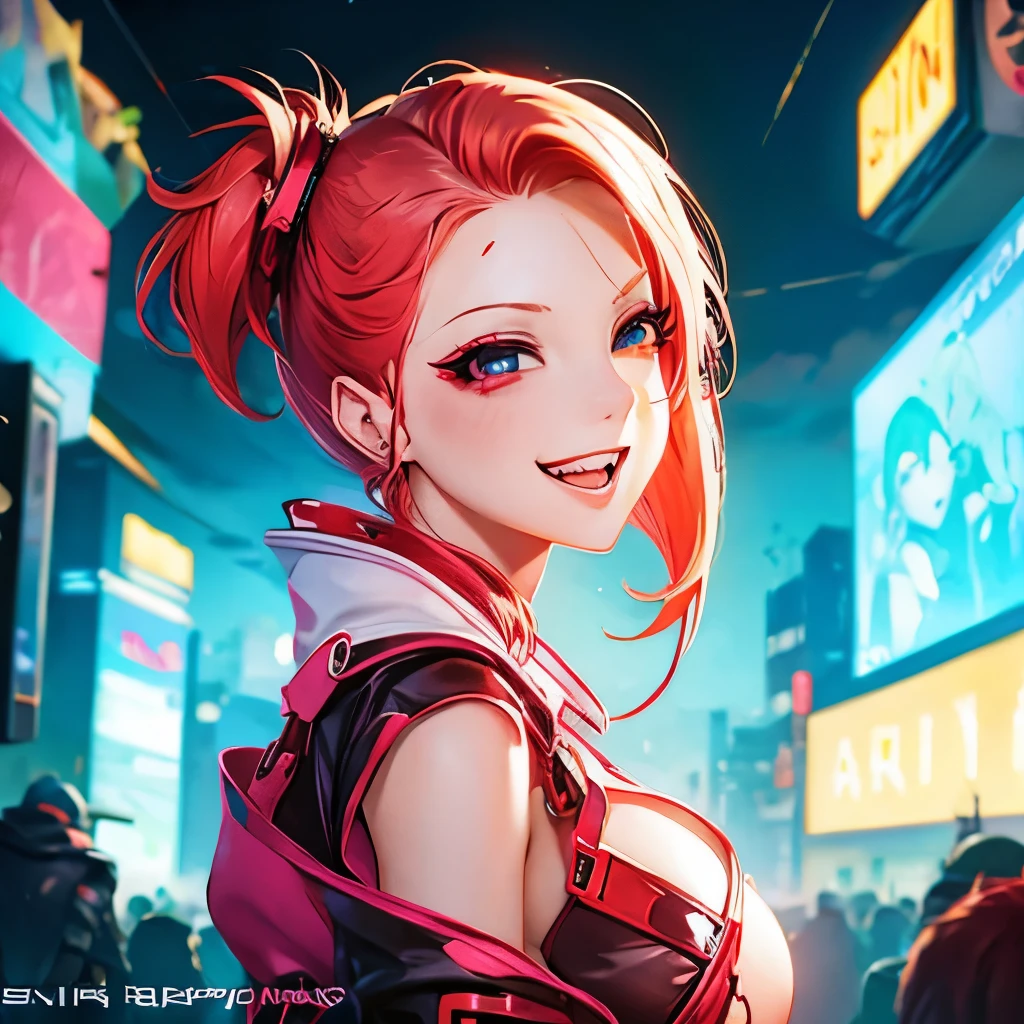 Sexy anime girl in Cyberpunk style redhead vampire cute laugh slim