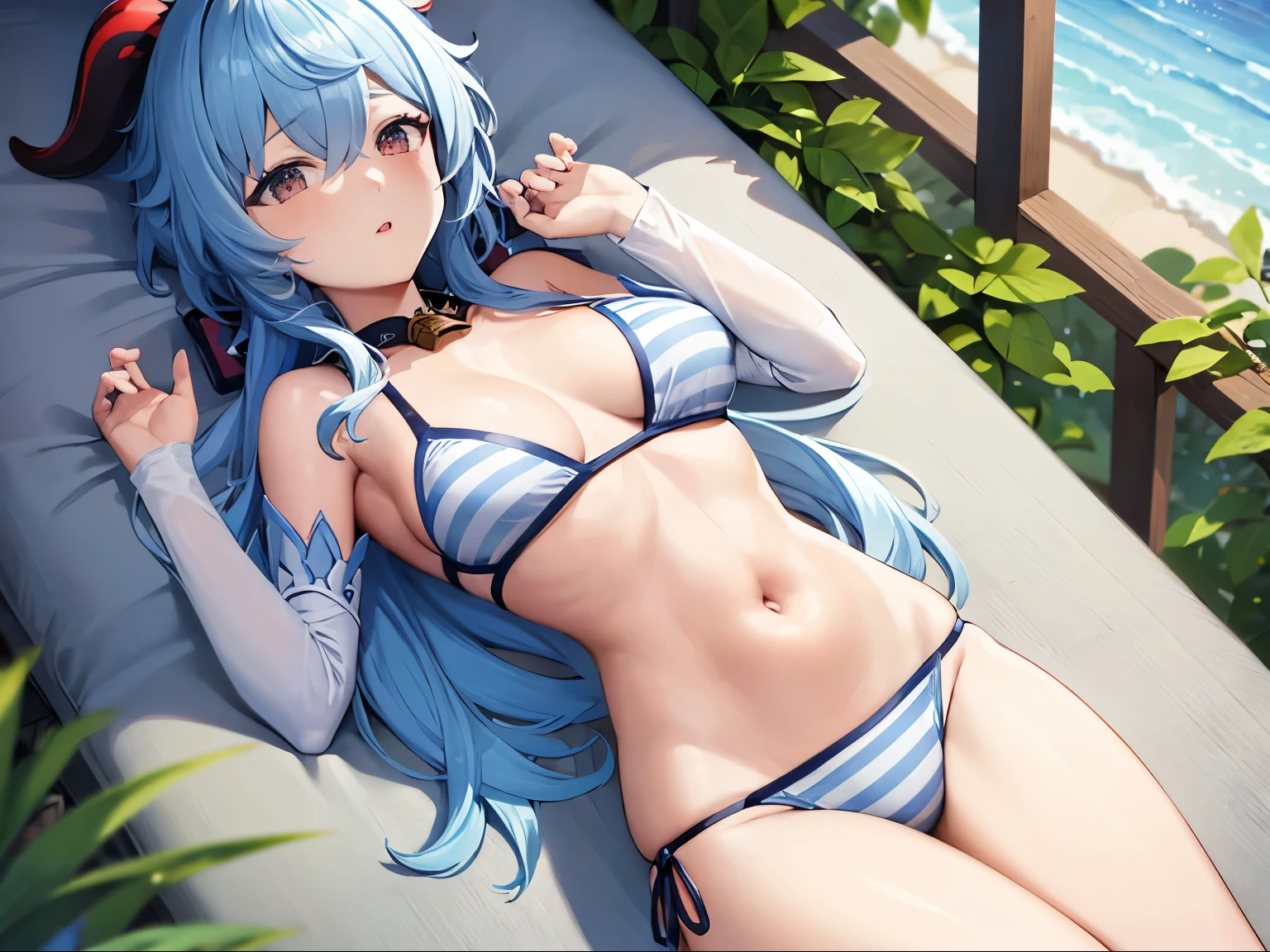 Ganyu Genshin impact, Bikini, White bikini with blue stripes , sleeping, 1 Person,