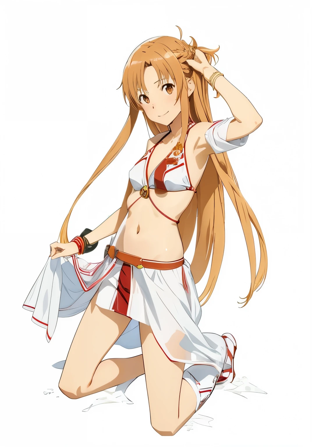 1girl,asuna yuuki,bikini ,brown eyes,brown hair ,closed mouth,collarbone,medium breasts ,long hair,looking at viewer,navel,red bikini ,smile,solo,red and white bikini,swimsuit ,very long hair, be background,
