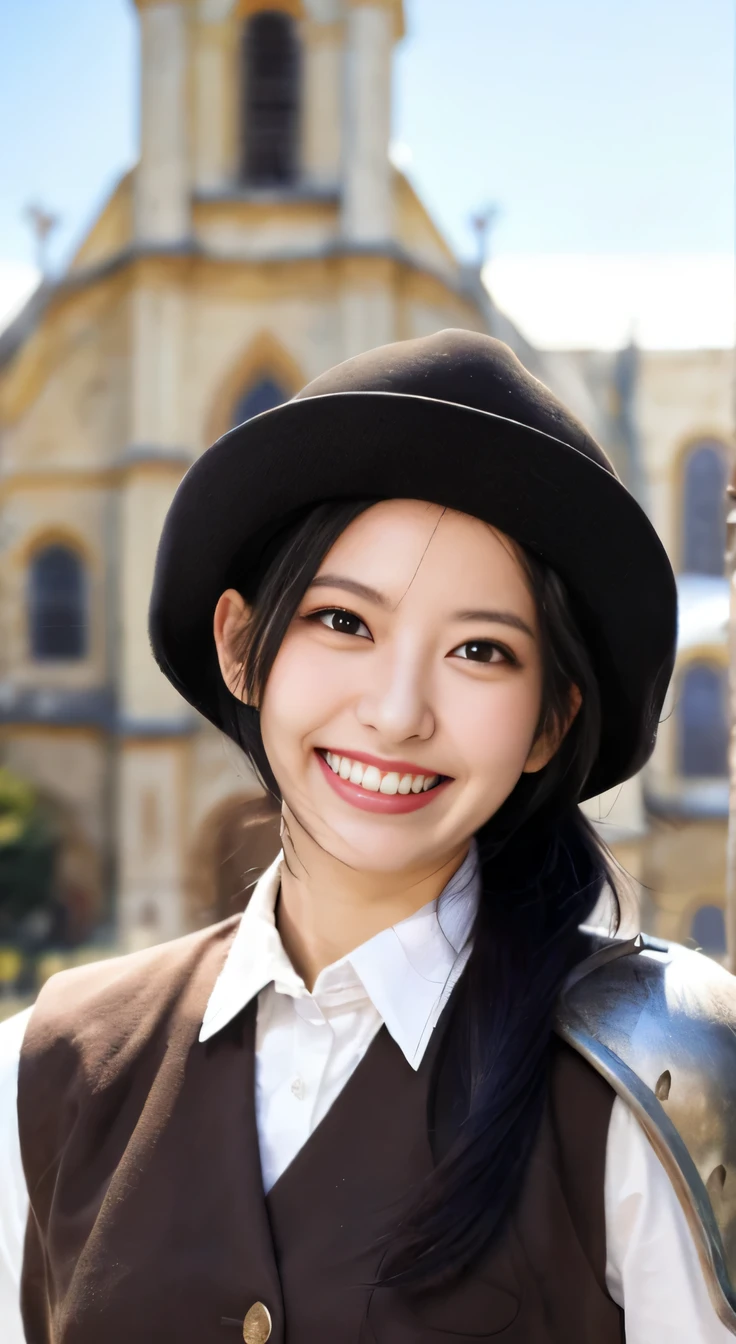 A neat and beautiful woman wearing armor、black hair、smile、beautiful teeth、The background is a church、wear a western helmet