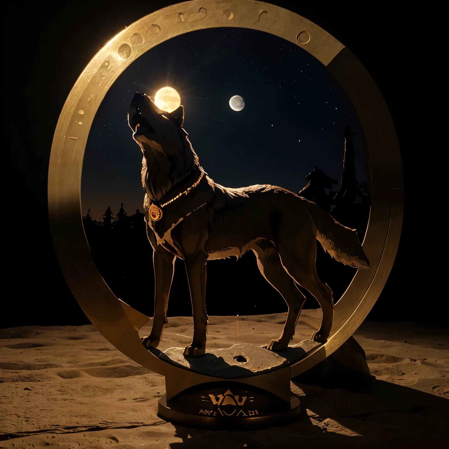 Create a 3-d emblem showcasing the term "Tsaqib" with a bronze wolf, status proudly and howling on the moon. "design with a wolf silhouette inside a circle, crescent, and star