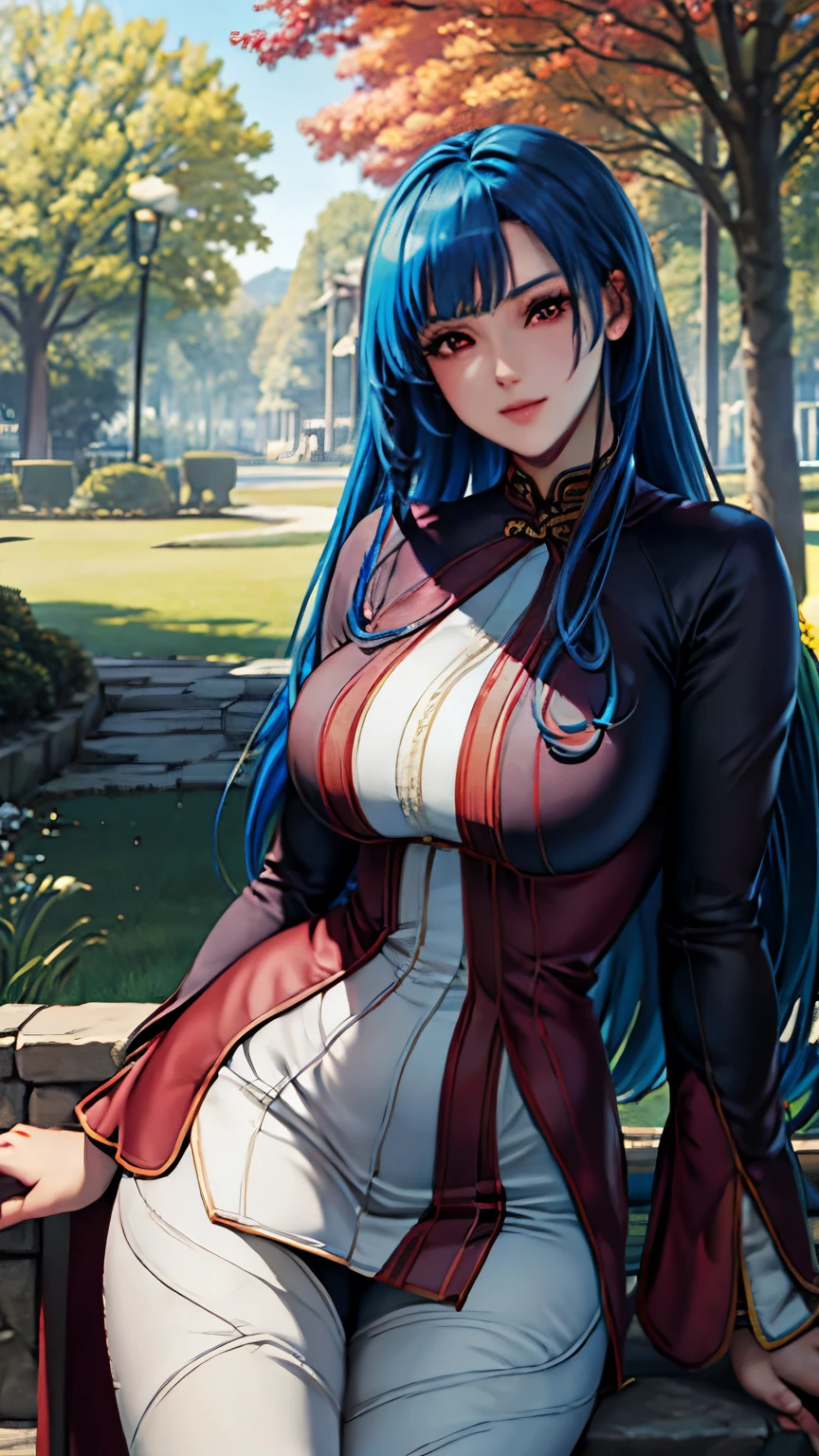 red eyes, (highest quality, masterpiece painting:1.3), mature woman, 20 years old, (half body shot), masterpiece, ultra high resolution, (Photoreal:1.0), blue hair, beautiful shining hair, white and shining skin, ((Ultra realistic details)), octane rendering, highly detailed face, (big breasts:0.8),(sexy and cute cheongsam,red and white contrast outfit,delicate decoration:1.2), open neckline, (necklace:1.0),cleavage, perfect body, soft skin, anime face, perfect face, perfect eyes, looking at the viewer, smart, Under autumn leaves tree background, Autumn leaf petals are falling, outdoors,shrine, sharp focus, intricate details, professional artwork, (bright colors:1.1), bright colors, diffused lighting, digital blending, ultra-definition body, ultra detail hair, super detailed face, that&#39;It&#39;s trending on pixiv, top button open, Cute gaze, compensate, perfect lips, perfect compensate, Ultra-precision coating, (light_smile:1.0), (Very embarrassed:0.8),