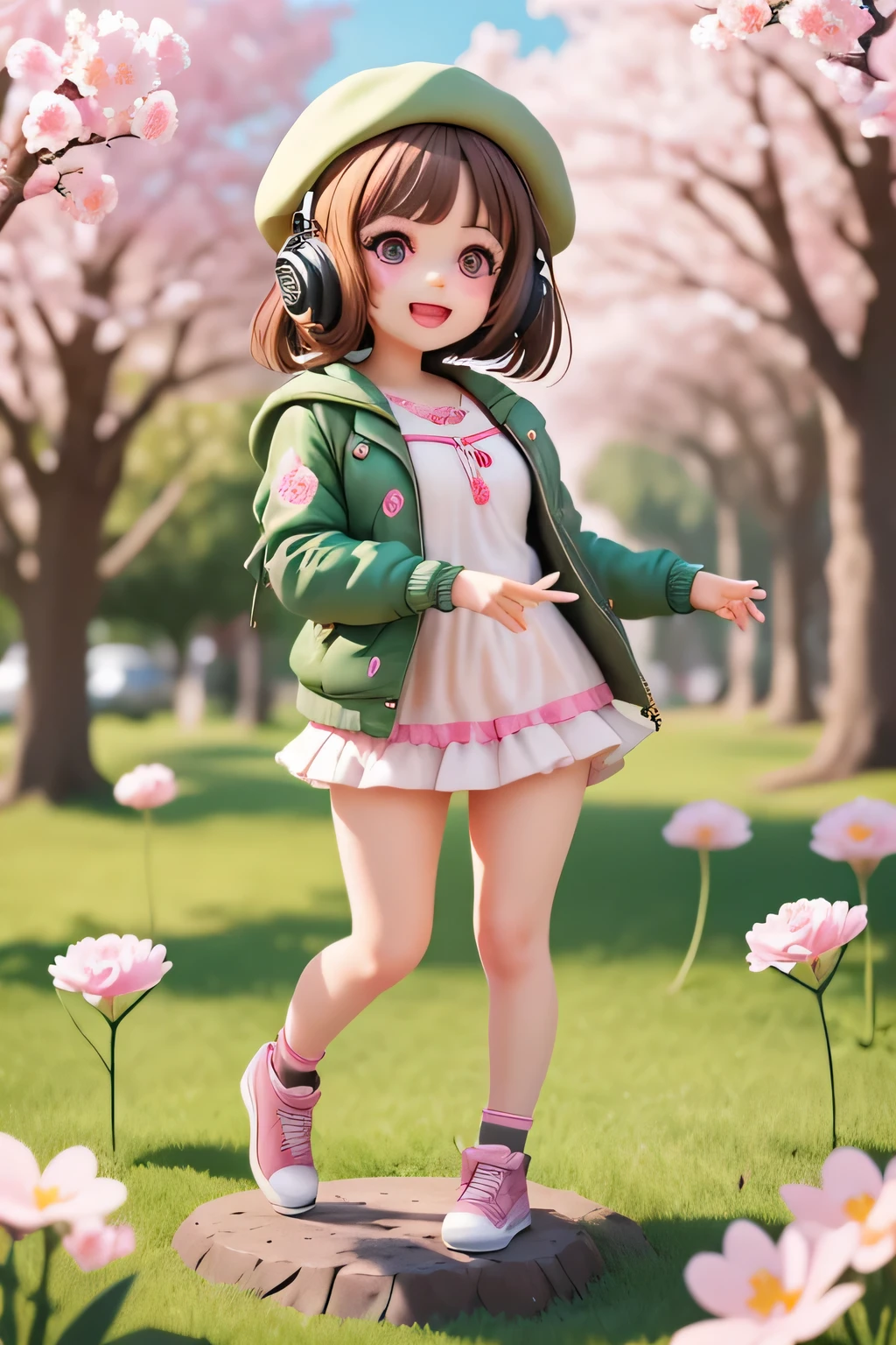 (masterpiece),(best quality),(ultra-detailed), (full body:1.2), 1girl,chibi,cute, smile, open mouth, flower, outdoors, playing guitar, music, beret, holding guitar, jacket, blush, tree, :3, shirt, short hair, cherry blossoms, green headwear, blurry, brown hair, blush stickers, long sleeves, bangs, headphones, black hair, pink flower, (beautiful detailed face), (beautiful detailed eyes),