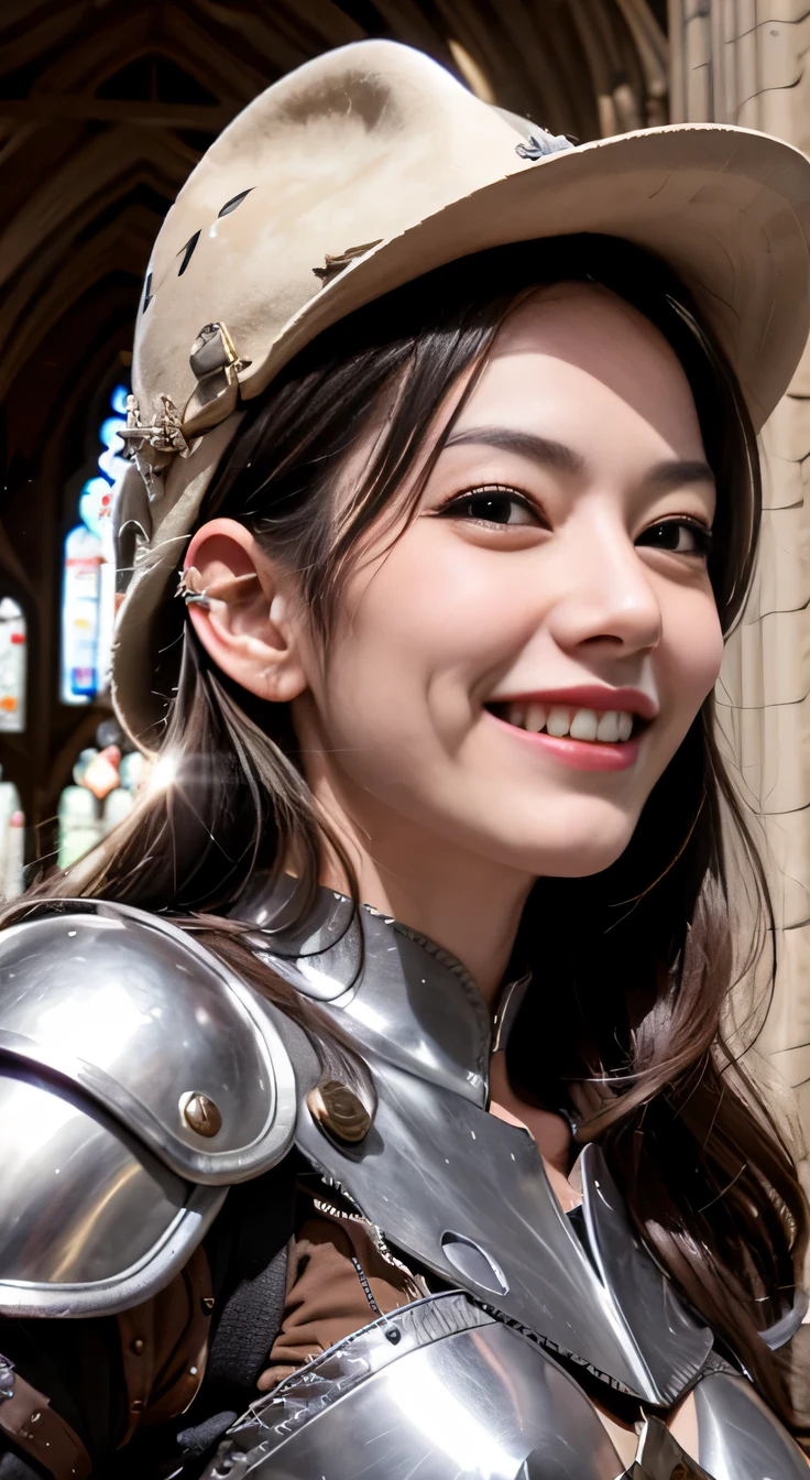 A neat and beautiful woman wearing armor、black hair、smile、beautiful teeth、The background is a church、wear a western helmet