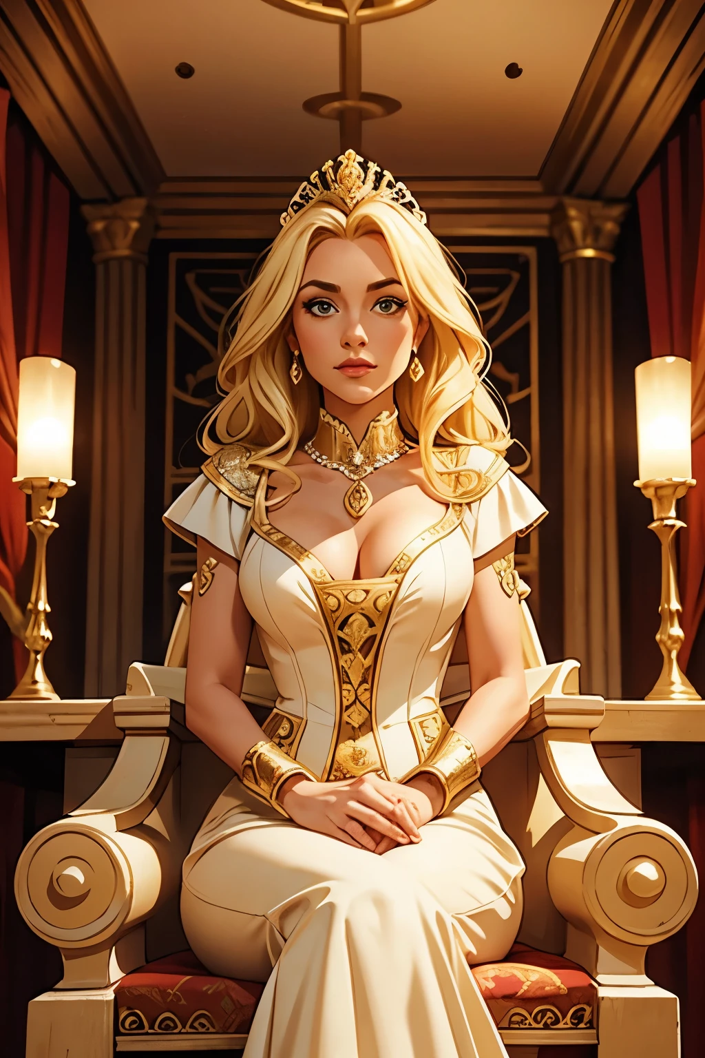 wrc style, beautiful woman, blond, sitting, royal outfit, royal chamber, medieval setting