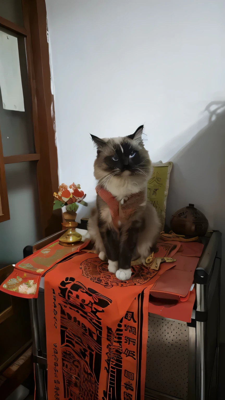 There is a cat sitting on a table with a Chinese flag, shui mo hua, aesthetic siamese cat, displayed on the altar, dress up as emperor, Shot with Sony A7R camera, Dress up as an oracle, Taoist priest, Shot with Sony a3 camera, samurai cat, Shot with Sony alpha 9, shrine maiden, Goddess of fashion, cat god