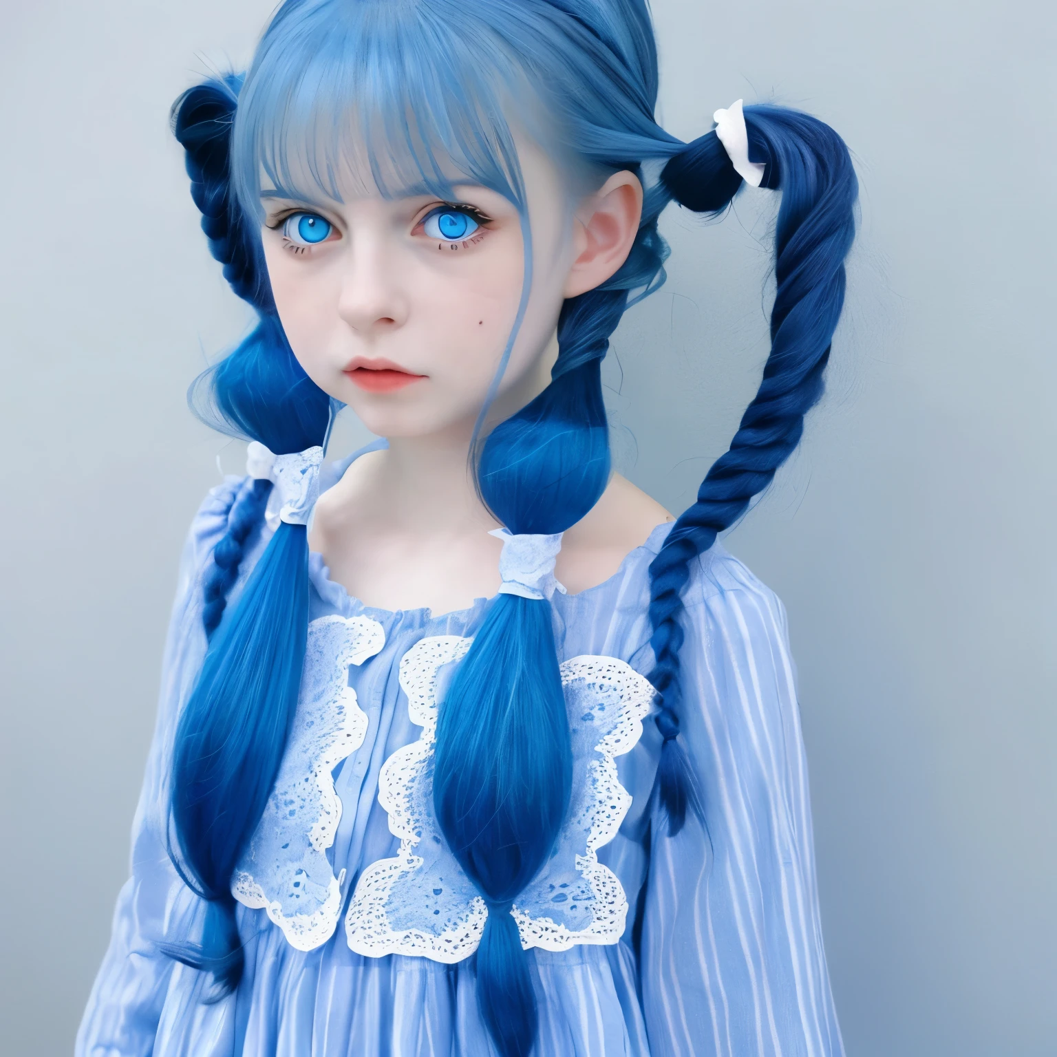 2dimensional beautiful girl、blue clothes、blue eyes、blue hair、twin tails、Standing picture