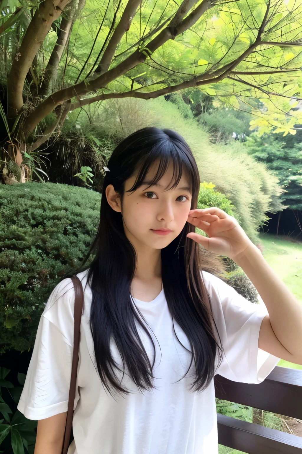 Japanese female teenager、high school１grade。big black eyes and narrow eyes、no makeup、plump cheeks、sweaty face。With sweaty short hair、black hair。Wearing sweaty traditional karate gi、Wear a green belt、In the iron bar、doing tough training。Full body photo。