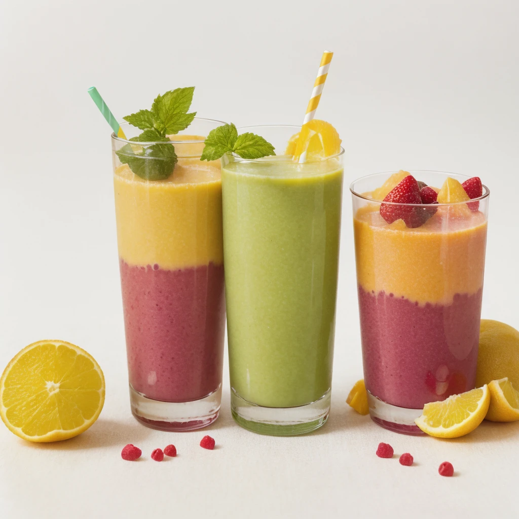 three glasses of delicious smoothies of different colors with some fruits on white background, 16k, high resolution, minimalistic, simple