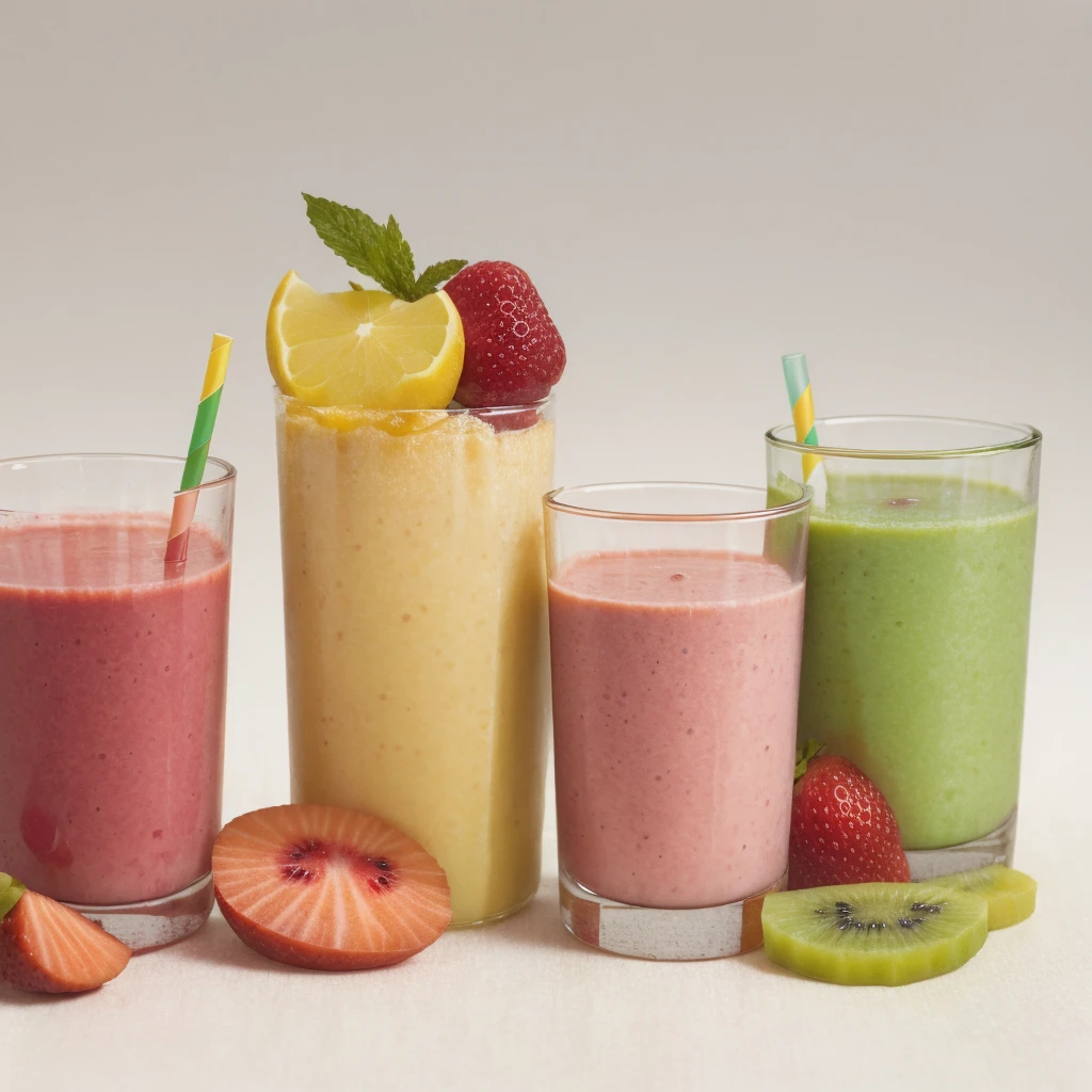 three glasses of delicious smoothies of different colors with some fruits on white background, 16k, high resolution, minimalistic, simple