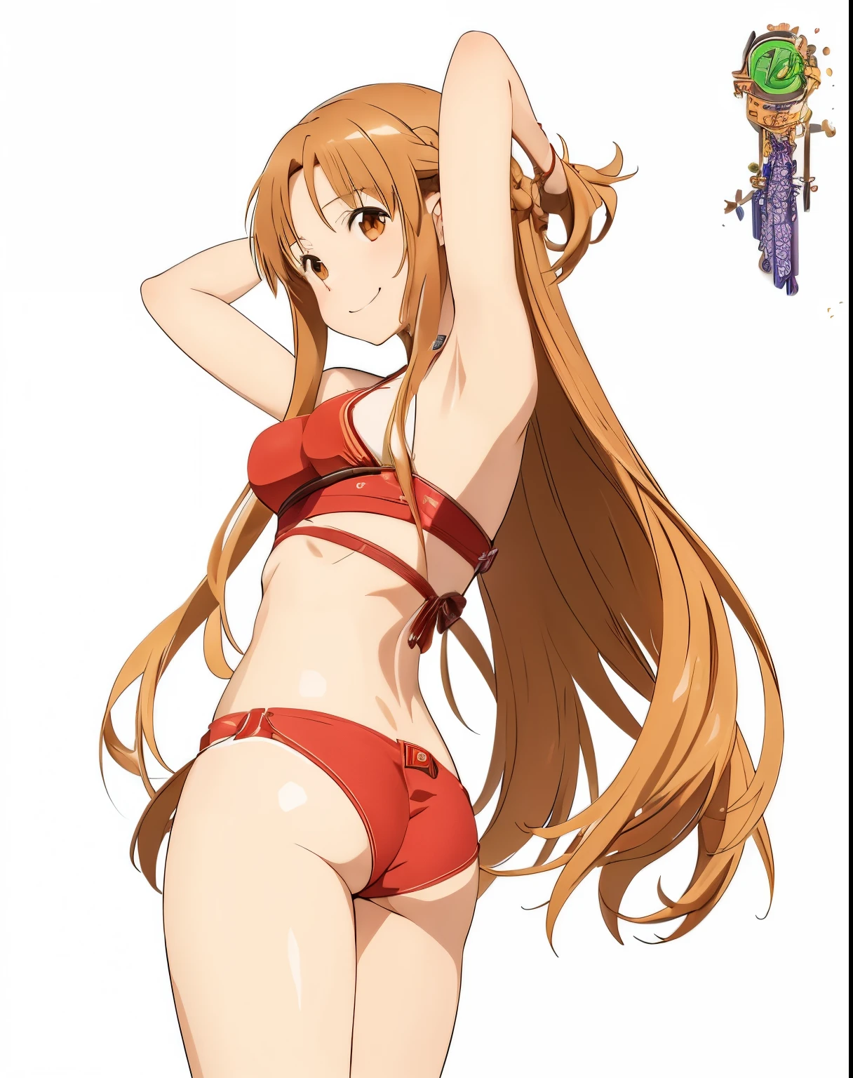 1girl,asuna yuuki,bikini ,brown eyes,brown hair ,closed mouth,collarbone,medium breasts ,long hair,looking at viewer,navel,red bikini ,smile,solo,swimsuit ,very long hair, background,