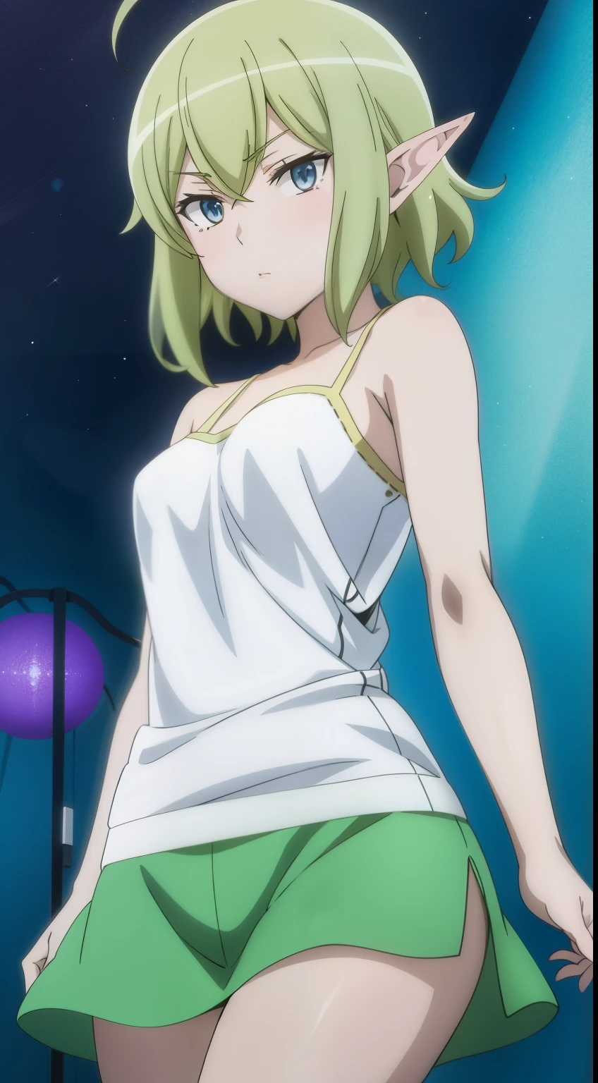 masterpiece,highest quality,anime,2D,Detailed face, 1 girl, alone, pointed ears, blue eyes,green hair, looking at the viewer,camisole,mini skirt, goblin,medium breasts,
(anime screencap:0.9),(lively_color:1.2) (beautiful_medium breasts:1.3), (beautiful_face:1.4),(slim_waist),(beautiful_thighs:1.1),