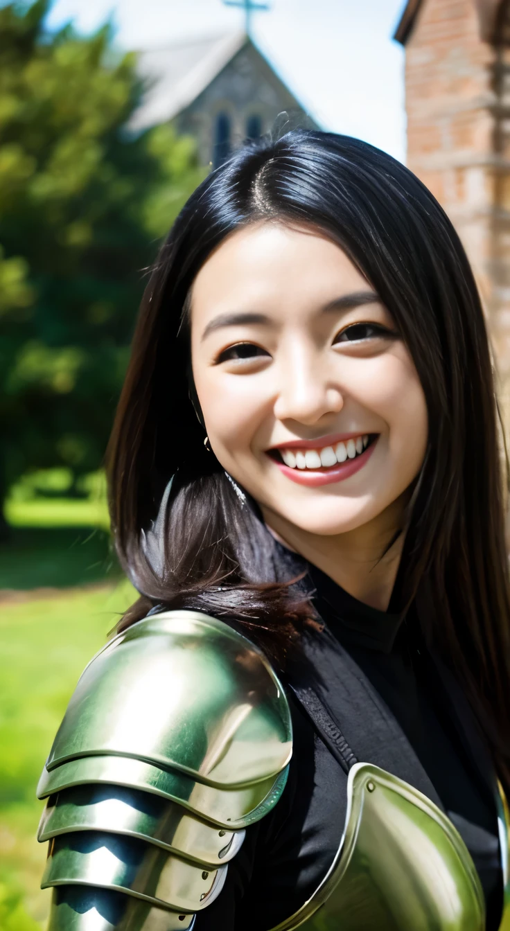 A neat and beautiful woman wearing armor、black hair、smile、beautiful teeth、The background is a church
