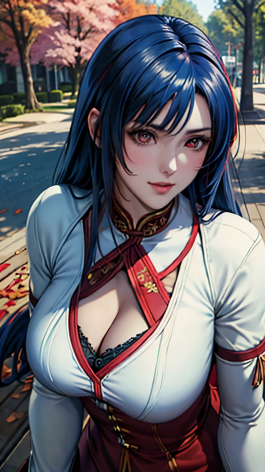 red eyes, (highest quality, masterpiece painting:1.3), mature woman, 20 years old, (half body shot), masterpiece, ultra high resolution, (Photoreal:1.0), blue hair, beautiful shining hair, white and shining skin, ((Ultra realistic details)), octane rendering, highly detailed face, (big breasts:0.8),(sexy and cute cheongsam,red and white contrast outfit,delicate decoration:1.2), open neckline, (necklace:1.0),cleavage, perfect body, soft skin, anime face, perfect face, perfect eyes, looking at the viewer, smart, Under autumn leaves tree background, Autumn leaf petals are falling, outdoors,shrine, sharp focus, intricate details, professional artwork, (bright colors:1.1), bright colors, diffused lighting, digital blending, ultra-definition body, ultra detail hair, super detailed face, that&#39;It&#39;s trending on pixiv, top button open, Cute gaze, compensate, perfect lips, perfect compensate, Ultra-precision coating, (light_smile:1.0), (Very embarrassed:0.8),