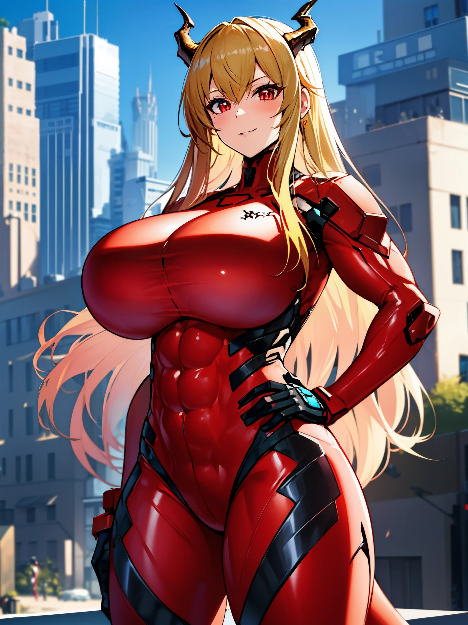 masterpiece, best quality, extremely detailed, 1girl, milf, solo, (muscular:1.3), {ch_en_arknights:1.10}, (gigantic breasts:1.5), ((((blonde hair), long hair, red eyes, slit pupils, horns, dragon_horns))), parted lips, (((fortified suit, red plugsuit))), ((light smile), closed mouth), ((hands on own hips, futuristic cityscape))