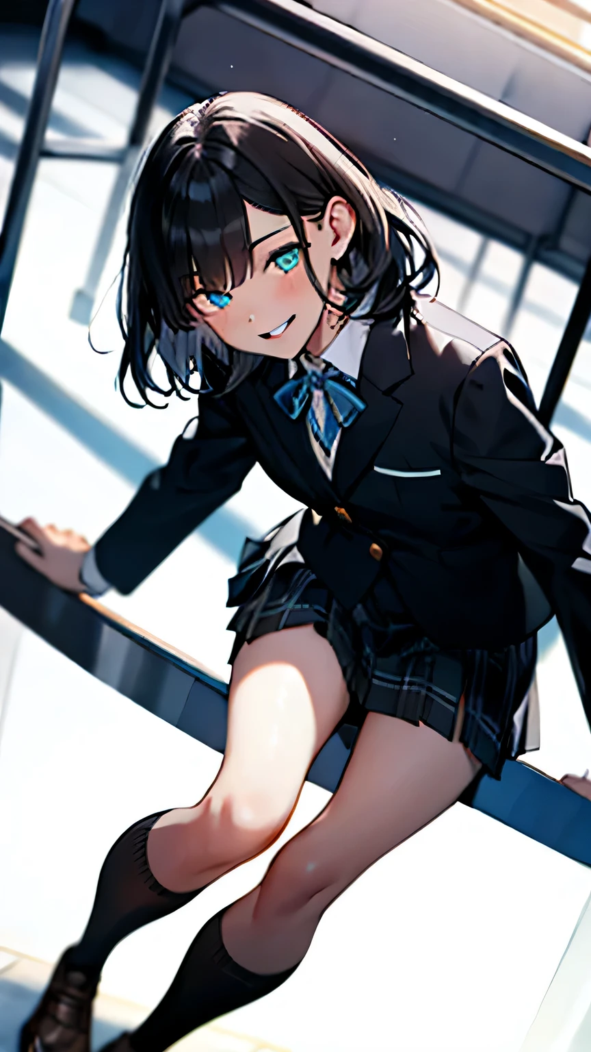 photo of sexy 1girl, tall,leggy,smile,standing in neat rows, in the school gymnasium, wearing NAVY Blazer , long sleeve, WHITE shirt, shiny blue ribbon,pleated tartan_check_mini_skirt, beautiful eyes, shiny black hair,BLACK short socks, full body shot, closeup shot, from front, from below, dutch angle shot, wide view,