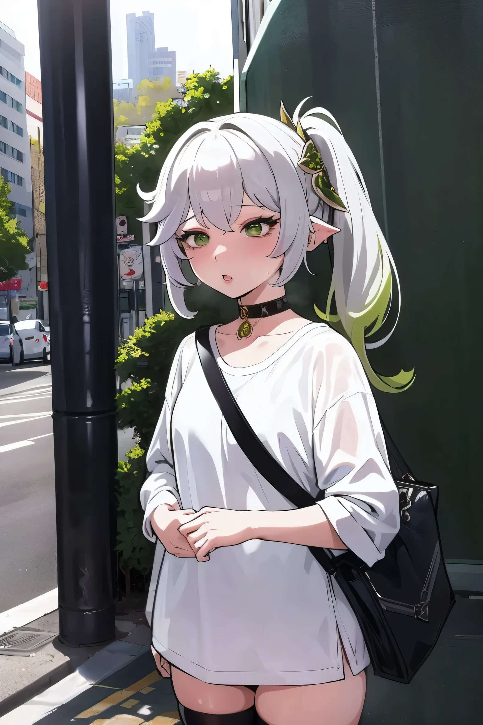 Nsfw, masterpiece , highest quality,Nahida(genshin impact), 1 girl , white shirt:1.5 ,side ponytail ,gray hair ,colorful hair, green eyes,casual clothes , have , black choker, bag , green hair,Busy roads , city life 