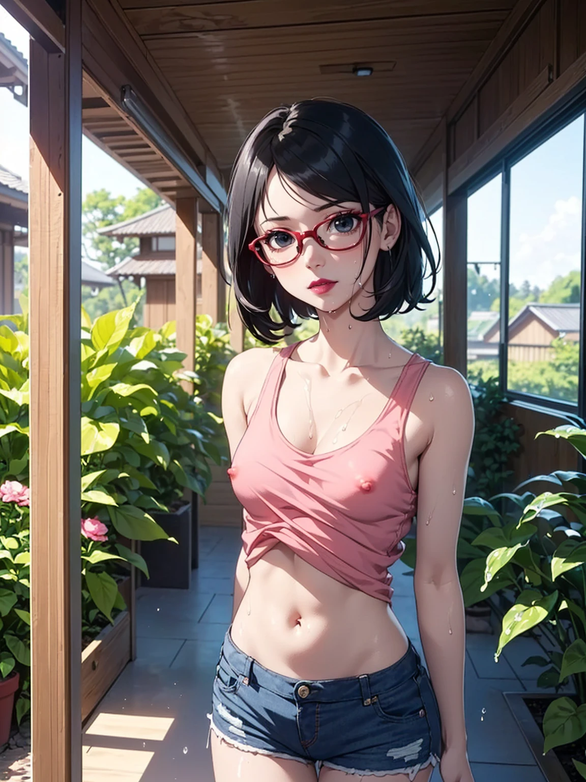 (1girl, solo, alone), (WakatsukiRisa, Sarada Uchiha, black hair, short hair, black eyes, red glasses), ((solo, (1woman, pink lipstick, (small breasts), black eyes), Extremely detailed, ambient soft lighting, 4k, perfect eyes, a perfect face, perfect lighting, a 1girl)), austere, (((yellow tank top, (yellow mini top, revealing wet tank top, hanging out of braless top, beautiful high detailed dreamgarden, nsfw 8K), women's tank top, wet yellow tank) top, transparent, transparency, mini shorts, jean shorts, navel out, abdomen showing, wet body, wooden house, classic Japanese house, old Japanese house , balcony, garden, flowers, walking in the hallway))