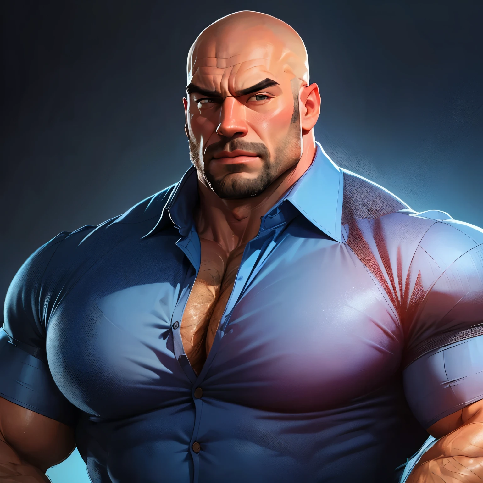 an exaggeratedly muscular and large bald bodyguard, (navy blue shirt: 1.2), (exposed pecs: 1.1), (bara pecs: 1.3), (hairy pecs: 1.1), portrait HD, pink background light