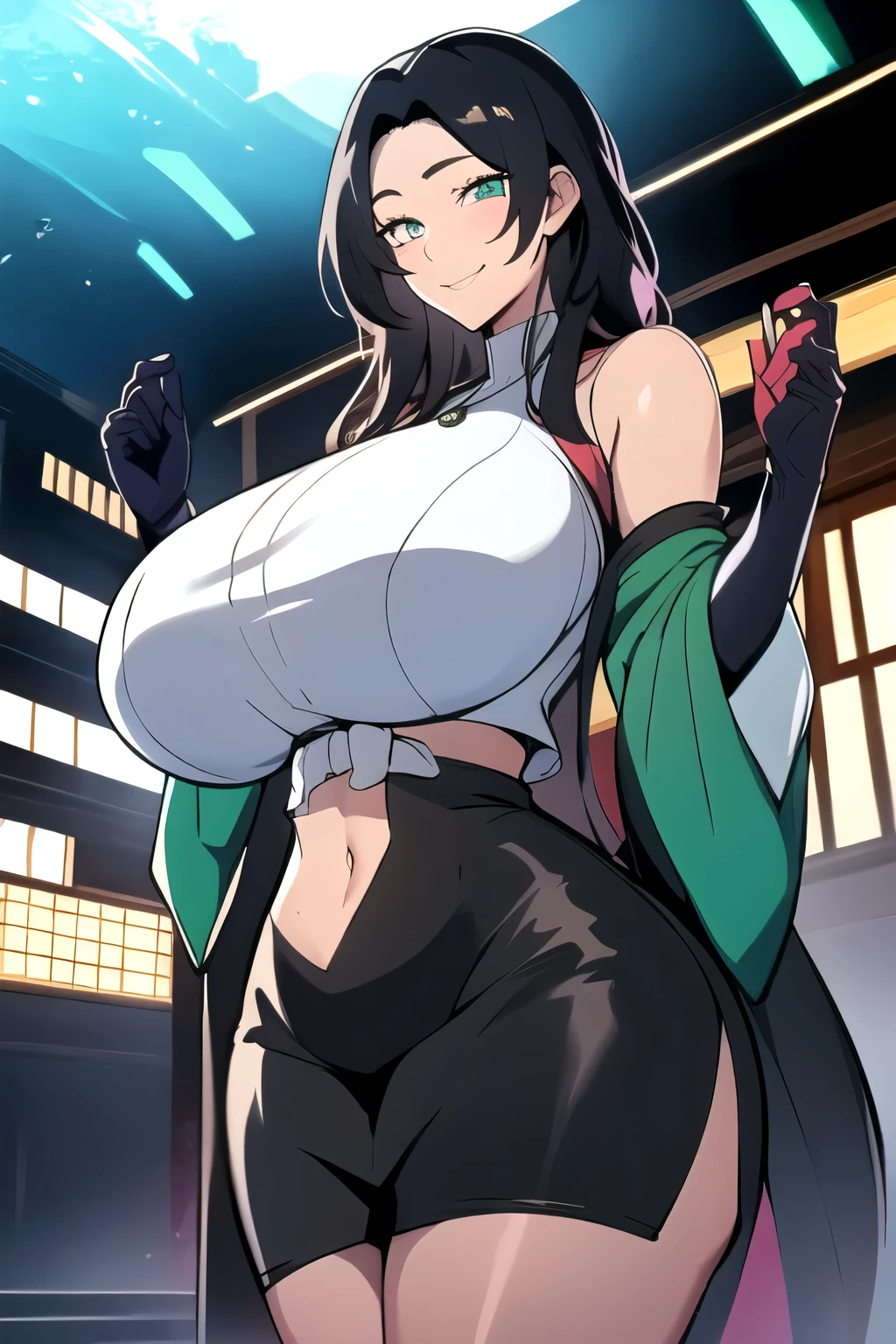 masterpiece, best quality, matsumoto rangiku, beautiful lighting, ((black hair: 1.1)), long hair, turtleneck, crop top, pencil skirt, underboob, necklace, gigantic breasts, (emerald green eyes: 1.1), standing, looking at viewer, smile, japanese architecture, cowboy shot, shiny skin, gigantic breasts, curvy, seductive smile, bare shoulders, elbow gloves, glowing eyes, Bright eyes,