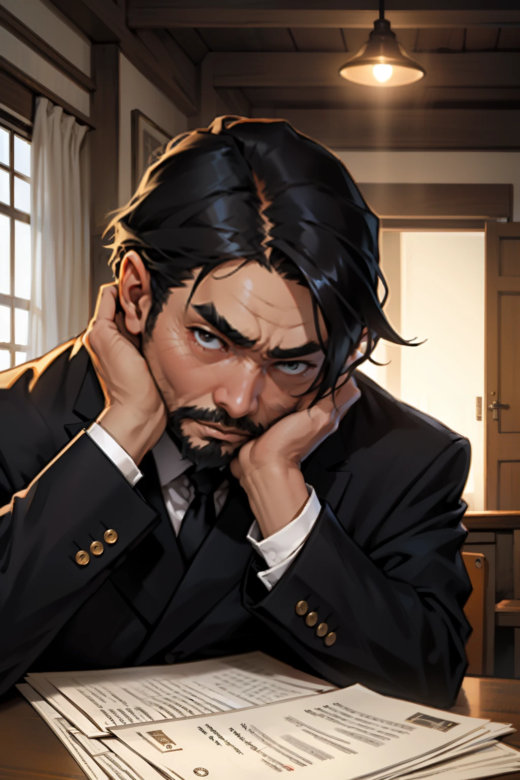 In the quiet stillness of the room, a middle-aged Chinese man with a wispy beard and thick eyebrows, wearing a formal suit and a stern expression, sat at an old wooden desk. Papers were scattered haphazardly before him as he leaned over, focusing intently on the documents in front of him. He wore a serious, determined look on his face, as if the weight of the world rested on his shoulders. The lines on his face were deeply etched, adding to his air of authority and maturity. Despite the gravity of the situation, there was a hint of a soft smile playing at the corners of his lips, betraying a glimmer of humanity beneath his official facade. The room was dimly