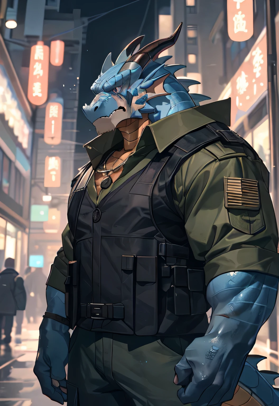 (black dragon),black fur, two colors, Scars on the face, With sunglasses on his head,Necklace hanging around the neck,(muscular body:1.3), There is a scar on the face, Handsome,side,(Scars on the face), on the street,(Express),(city background),(There is a scar on the face:1.2),(dragon horn),(Dragon tail),perfect masterpiece,(16K),whole body衣服,alone,((Strong)),(military uniform),(Holding a rifle in hand),(dick:1.2),Perfect proportion,serious expression,sweat,(Holding a rifle in hand:1.5),(hand:1.3),(Holding a rifle in hand.:1.2),(Vision:1.5),(whole body:1.8),Strong,muscle,with dragon wings,bi-winged,more details,CG,(dragon), torso,((Holding a gun in hand)), (Bulletproof vest)),serious expression,side perspective