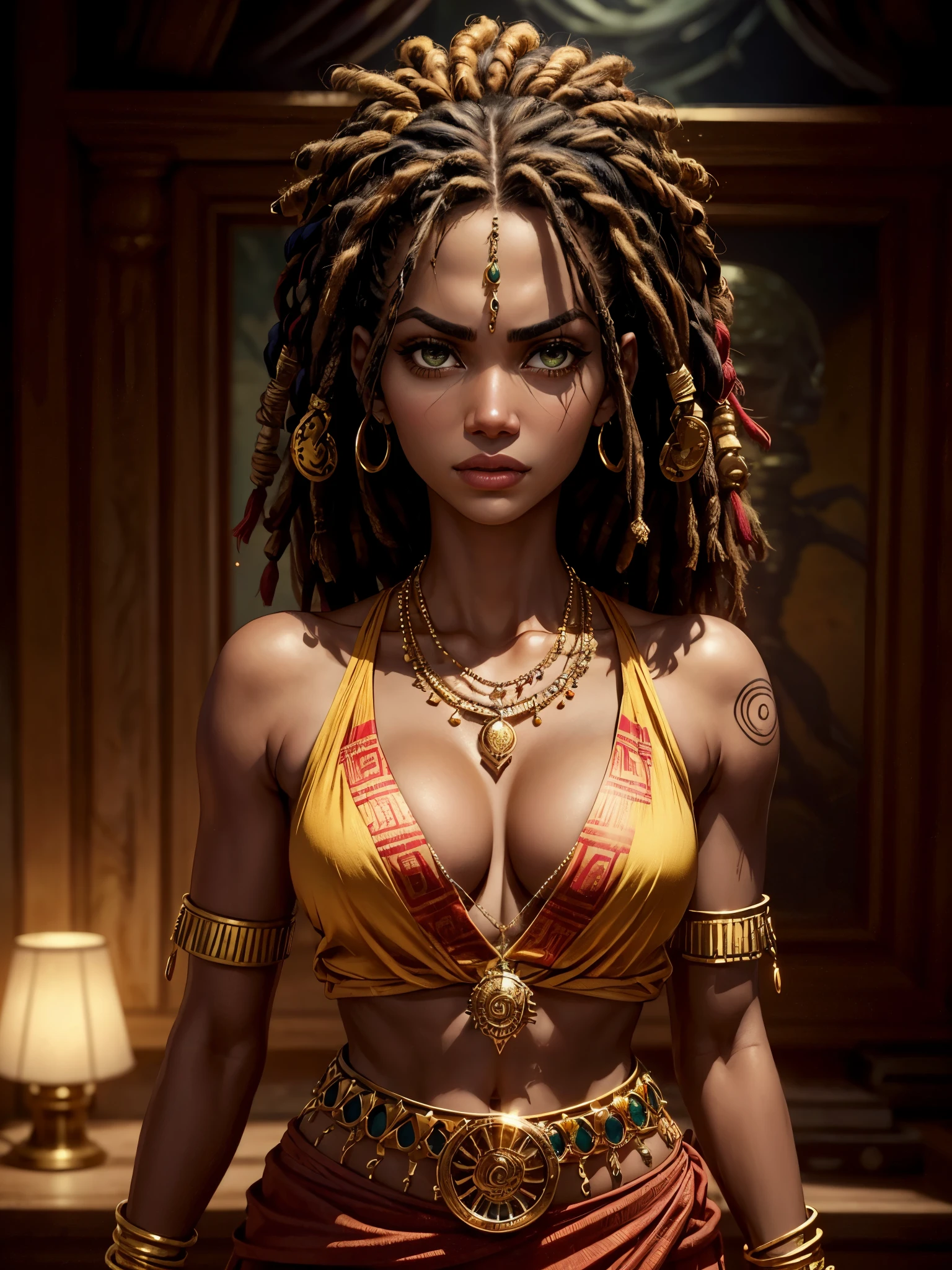 (Zendaya:Halle Berry) dressed like a nigerian chaman, red green and yellow sleeveless tunic, (high top fade haircut and dreads) tribal tattoo in the face, (golden rings necklace), Lovecraft atmosphere, masterpiece, hyperdetailed