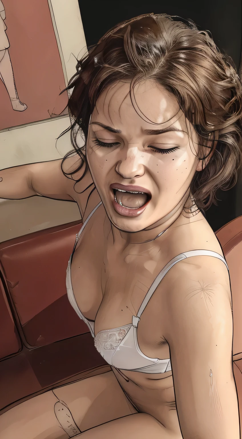 ((close-up, open mouth, hand on her pussy, masturbating)), a 45yo woman (Pixie Cut hairstyle, orgasm), ((masturbating, wearing a white lingerie, leaning on old leather sofa, legs open)), orgasm, (view front, wearing a red detailed lingerie), (yawning, gape, closed eyes, open mouth:1.4), yawning, (masterpiece, best quality:1.2), photorealistic, HDR, 4K, 8K, 16K
