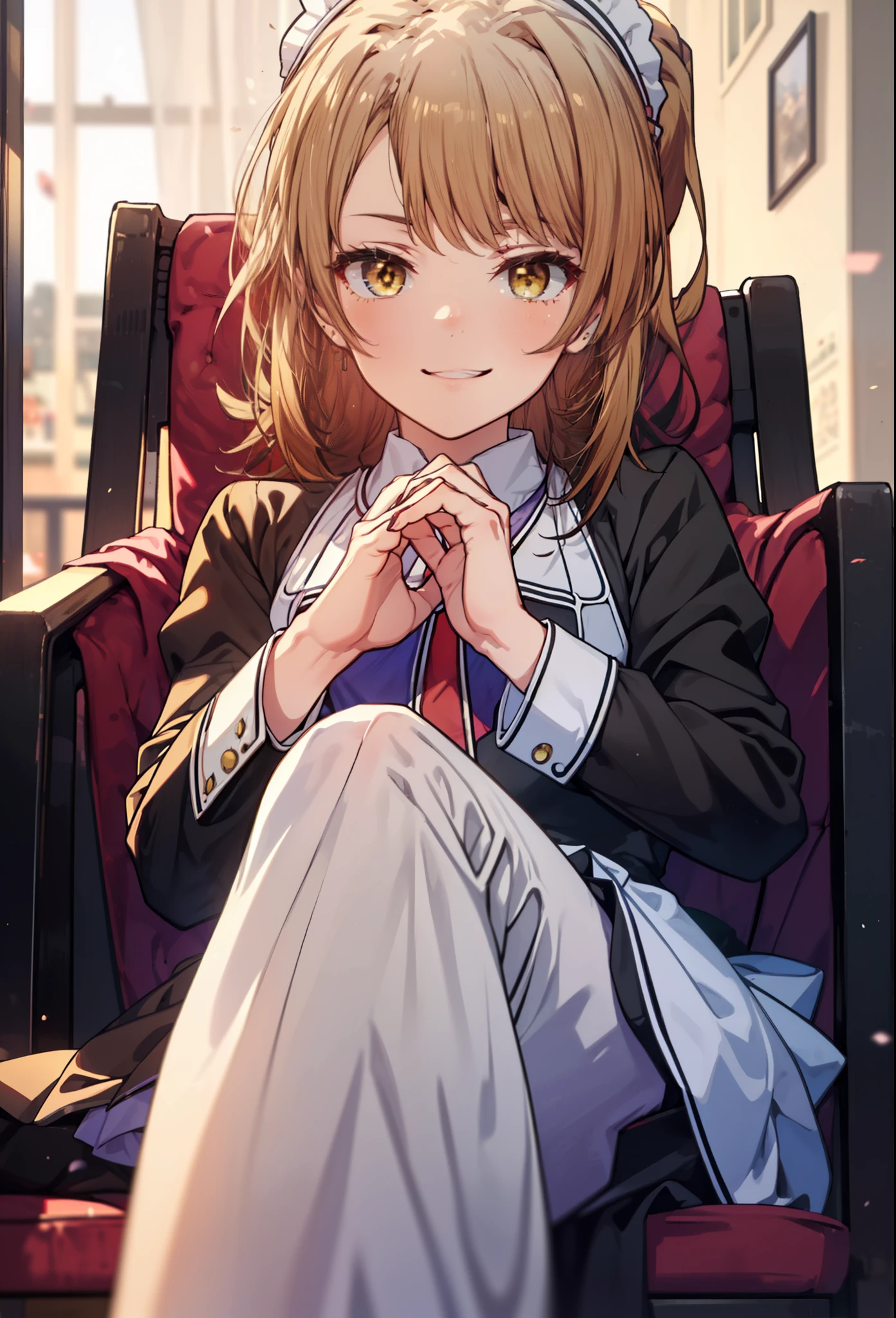 irohaisshiki, iroha isshiki, long hair, brown hair, (brown eyes:1.5), Smile, smile, open your mouth,short braided hair,ponytail,blush,smile,Maid clothes,Medium chest,she was wearing a long skirt, black pantyhose, sitting cross-legged on a chair,So that the whole body goes into the illustration,
break indoors, coffee shop,
break looking at viewer,
break (masterpiece:1.2), highest quality, High resolution, unity 8k wallpaper, (shape:0.8), (fine and beautiful eyes:1.6), highly detailed face, perfect lighting, Very detailed CG, (perfect hands, perfect anatomy),