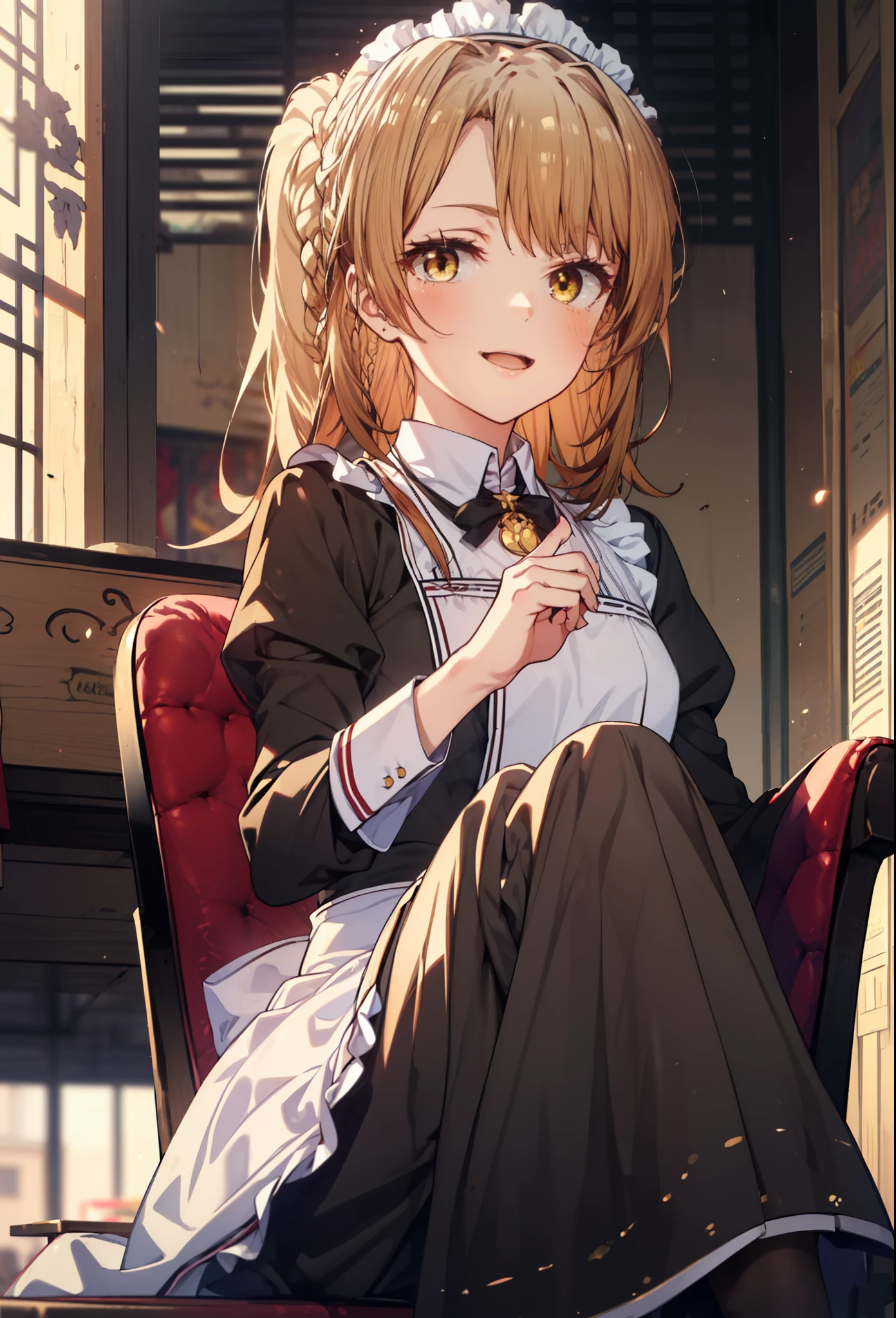 irohaisshiki, iroha isshiki, long hair, brown hair, (brown eyes:1.5), Smile, smile, open your mouth,short braided hair,ponytail,blush,smile,Maid clothes,Medium chest,she was wearing a long skirt, black pantyhose, sitting cross-legged on a chair,So that the whole body goes into the illustration,
break indoors, coffee shop,
break looking at viewer,
break (masterpiece:1.2), highest quality, High resolution, unity 8k wallpaper, (shape:0.8), (fine and beautiful eyes:1.6), highly detailed face, perfect lighting, Very detailed CG, (perfect hands, perfect anatomy),