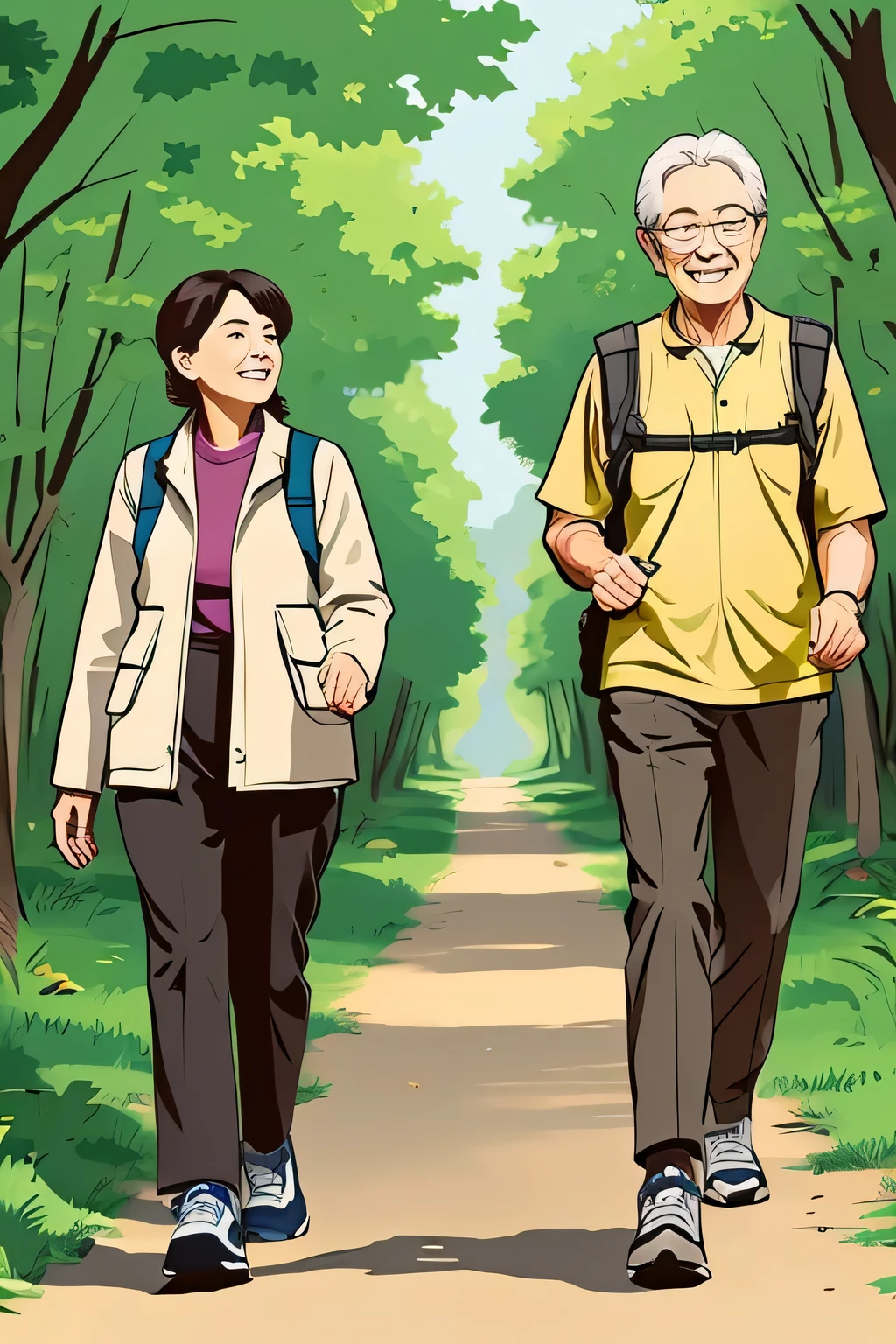 Drawing of the lower leg from the knee。going from right to left。Two elderly people walking in the forest。trekking shoes。larger stride length。

