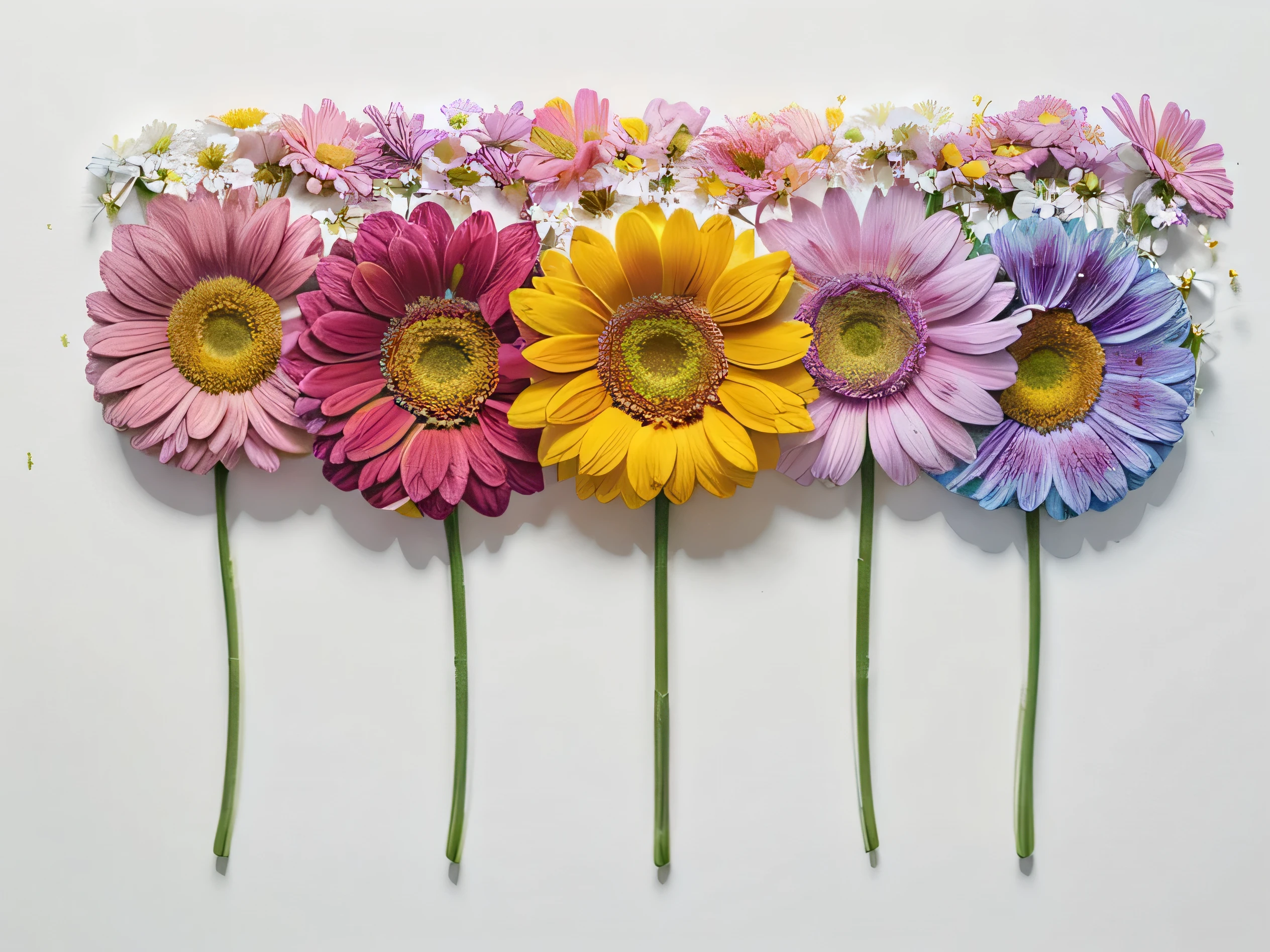 arafed set of six different colored flowers on a white background, colored flowers, colorful flowers, beautiful flowers, flower, detailed flowers, colourful flowers, brightly colored flowers, floral flowers colorful, with colored flowers, flower elements, flowers and blossoms, giant daisy flowers head, colorful wildflowers, flower background, decorative flowers, magical colorful flowers, pretty flowers, flowers