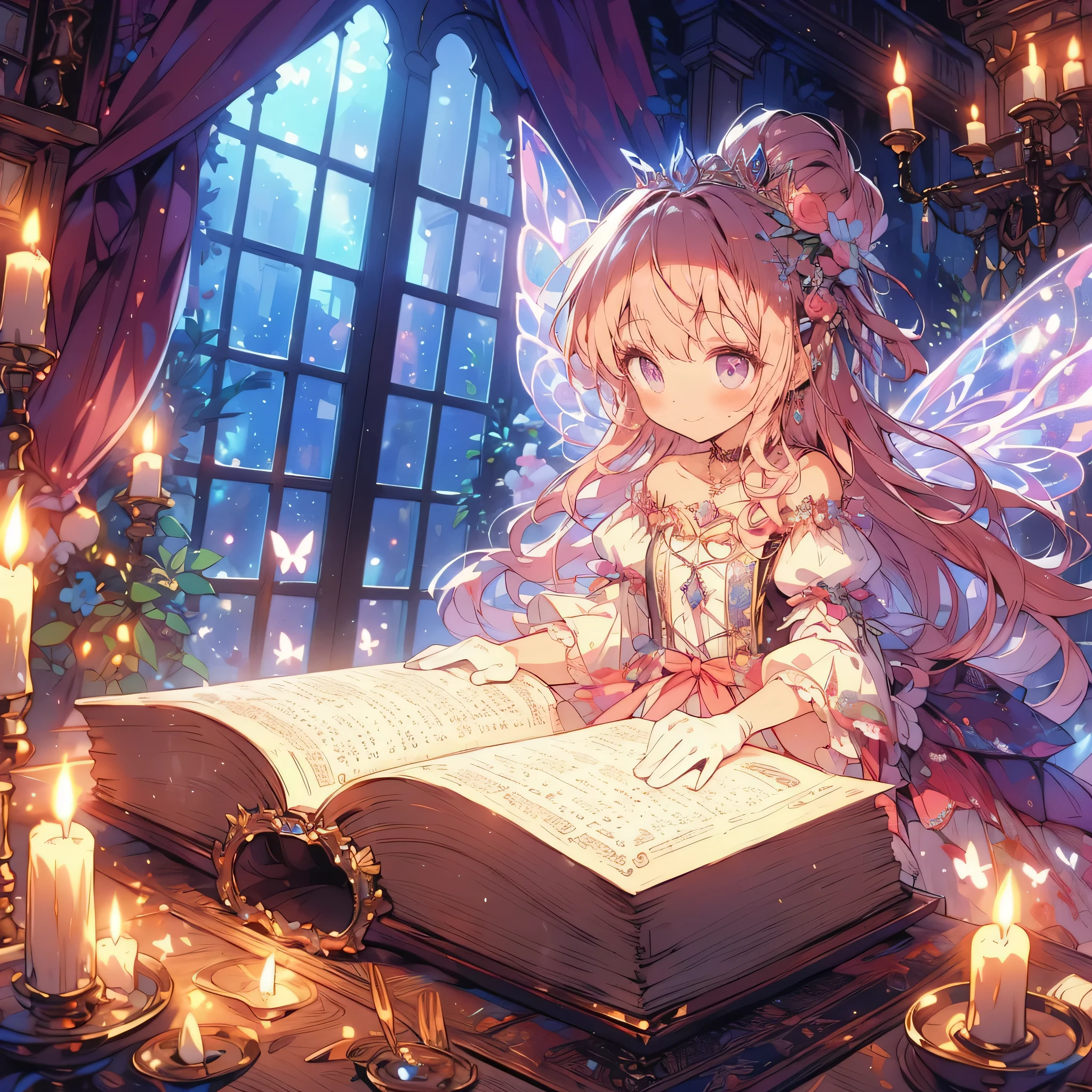 (A room in a fantasy world), (A fairy princess reads a book on a desk by candlelight.,Huge except for fairies,super huge book:1.2),(It has butterfly-like fairy wings.), (candle light),((super wide shot, Super wide angle of view, whole body)), ((Looks happy,smile,)), (medium hair:1.5), (tiara, earrings, Beautiful choker), ((white gloves,Pastel color ball gown dress with fluffy shoulders:1.1, Balloon sleeves,Jewels and white lace and frills, Fairy wings from the back)), (Light pink blush, plump pink lips,big bust,Fair skin, good style), (pastel colour,candle light, Bright colors)