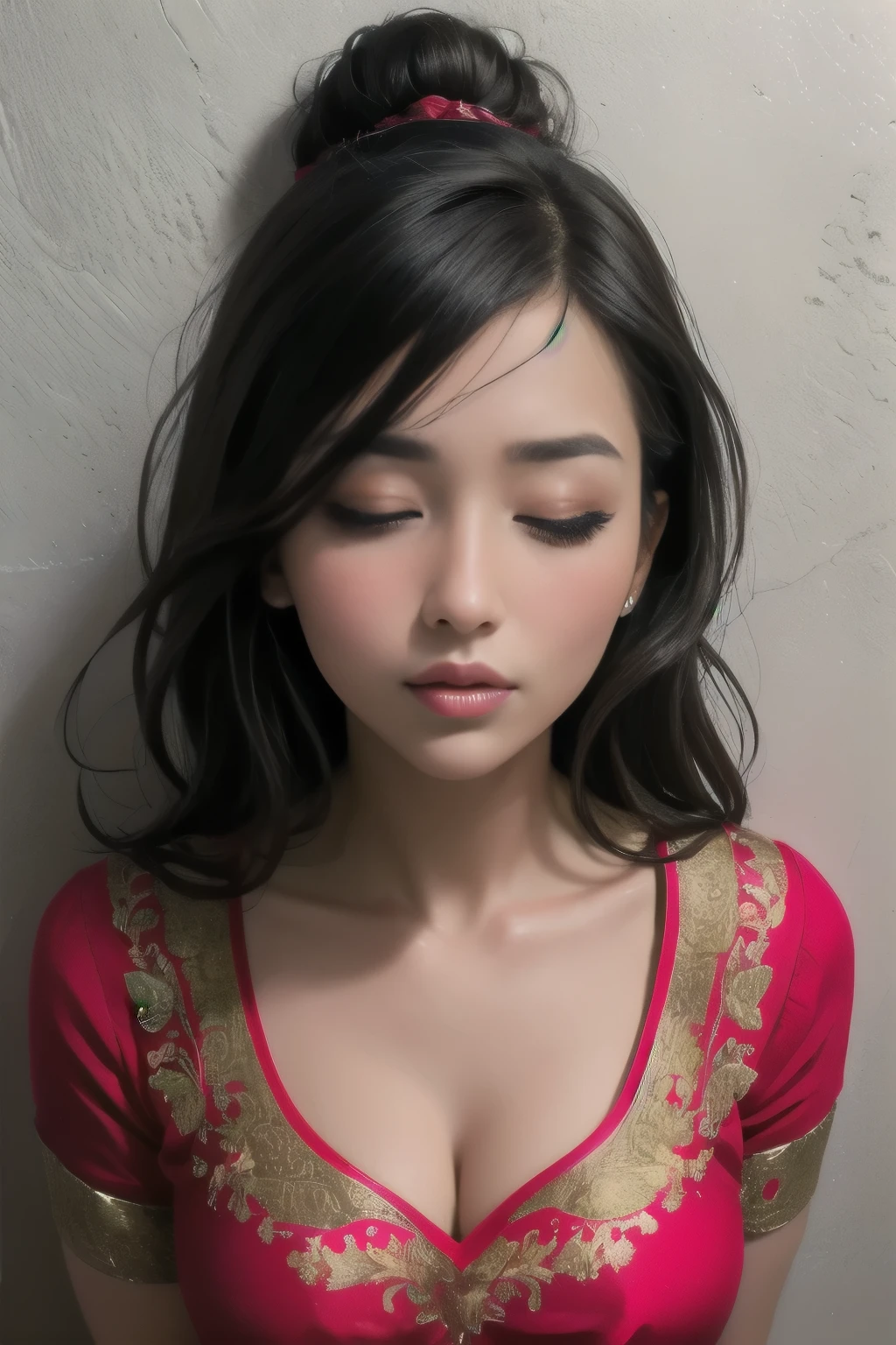 sexy woman, intense gaze, seductive expression, flawless complexion, mesmerizing eyes, luscious lips [sexy, attractive], voluminous hair, neatly styled, flowing locks [60:1.1/40:0.9], sultry attire, blue saree [sexy, eye-catching, vibrant], low-waist saree [figure-hugging, revealing], skin-tight blouse [revealing], detailed embroidery, pinned against the wall, intimate setting [passionate, romantic], soft lighting, shadows and highlights [atmospheric, dramatic], blush on cheeks [rosy, flushed], intense eyeliner [bold, exaggerated], bold lashes [long, voluminous], seductive lipstick [deep red, glossy], anticipation of a kiss, passionate atmosphere [intimacy, desire]. (best quality, highres, ultra-detailed, realistic:1.37), attractive woman, seductive pose, alluring expression, sexy saree, captivating gaze, intense blush, glamorous hair, pinned against wall, ready to kiss.