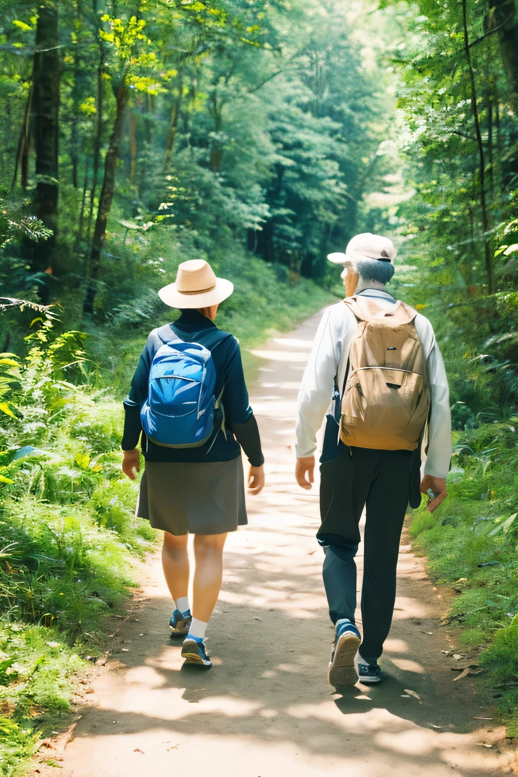 Drawing of the lower leg from the knee。going from right to left。Two elderly people walking in the forest。trekking shoes。larger stride length。


